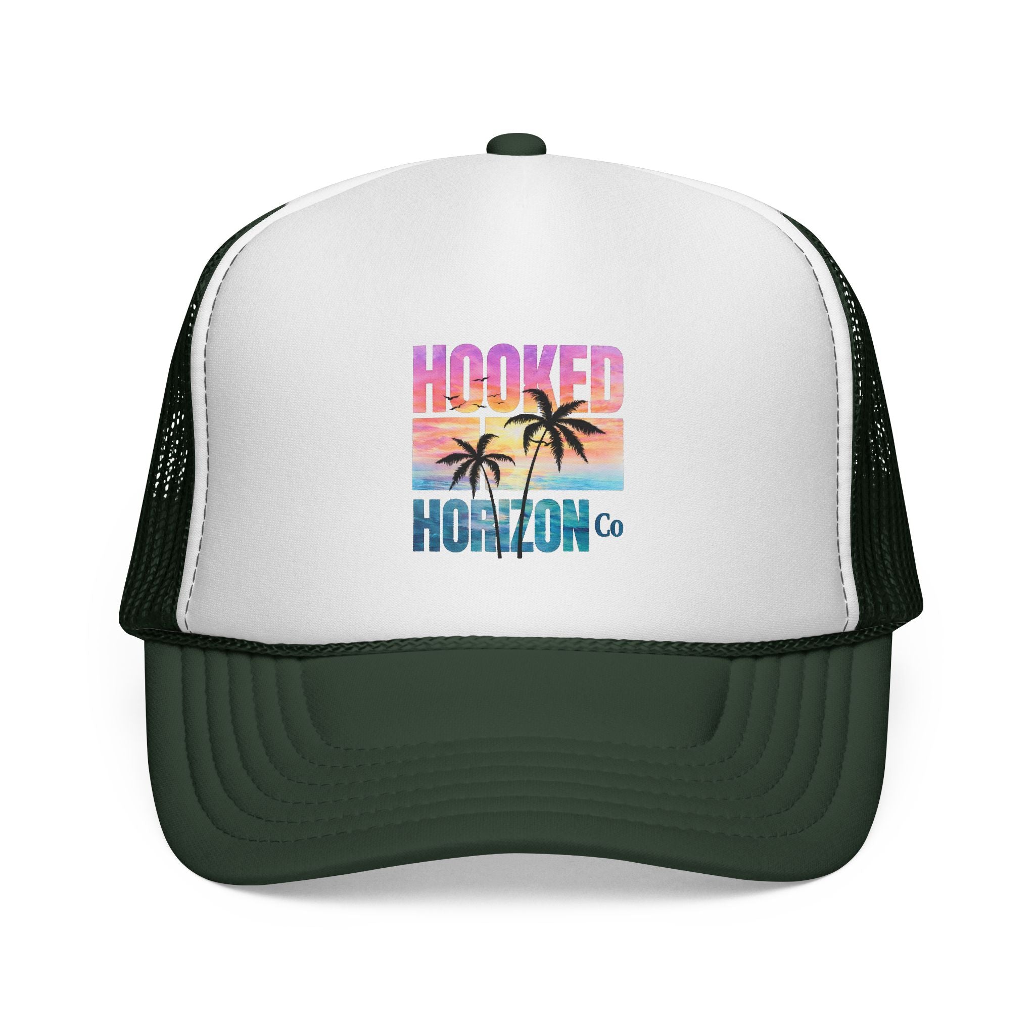 Hooked Horizon Co.  Sunset & Palm Tree 90s Inspired Trucker Cap — Outdoor & Beach Hat Ocean Conservation Gifts For Him & Her