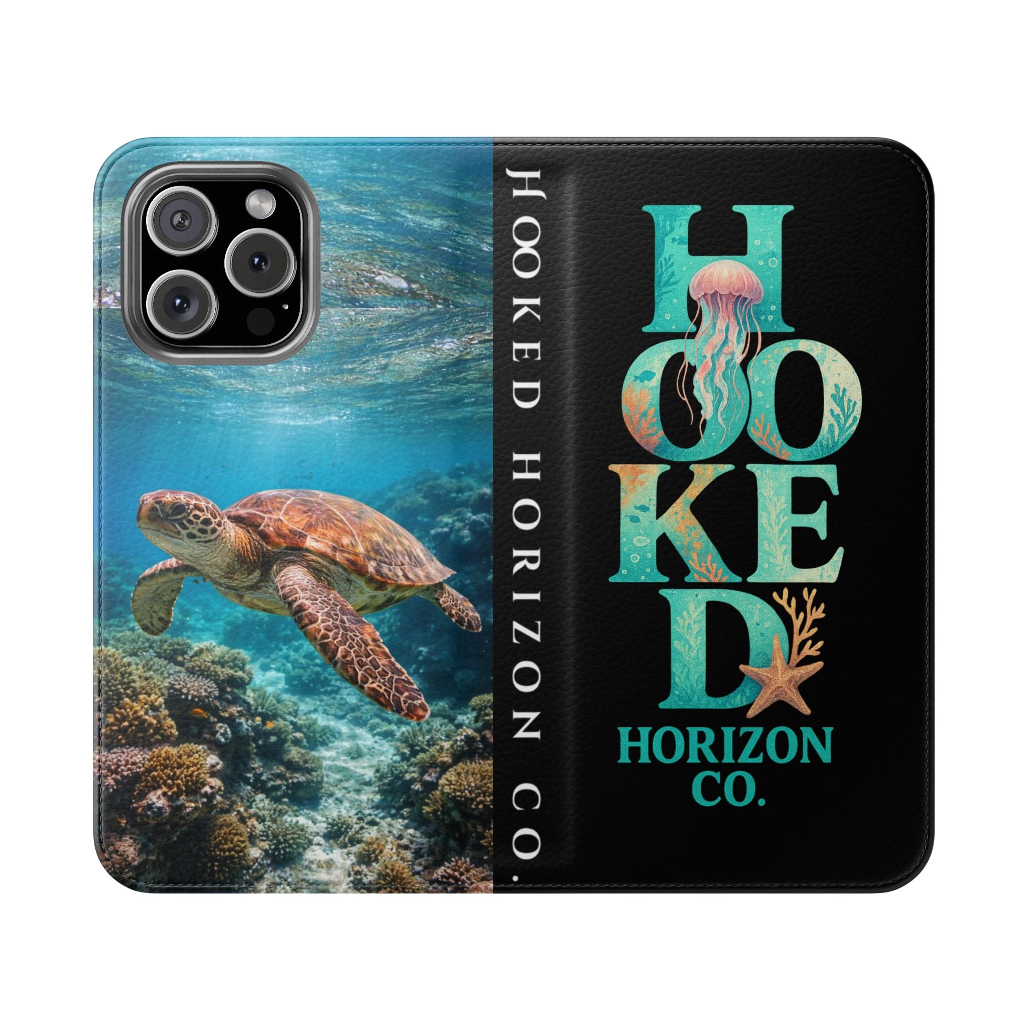 Turtle Hooked Horizon Co Flip Phone Case — Turquoise Water Pattern Wallet Cover