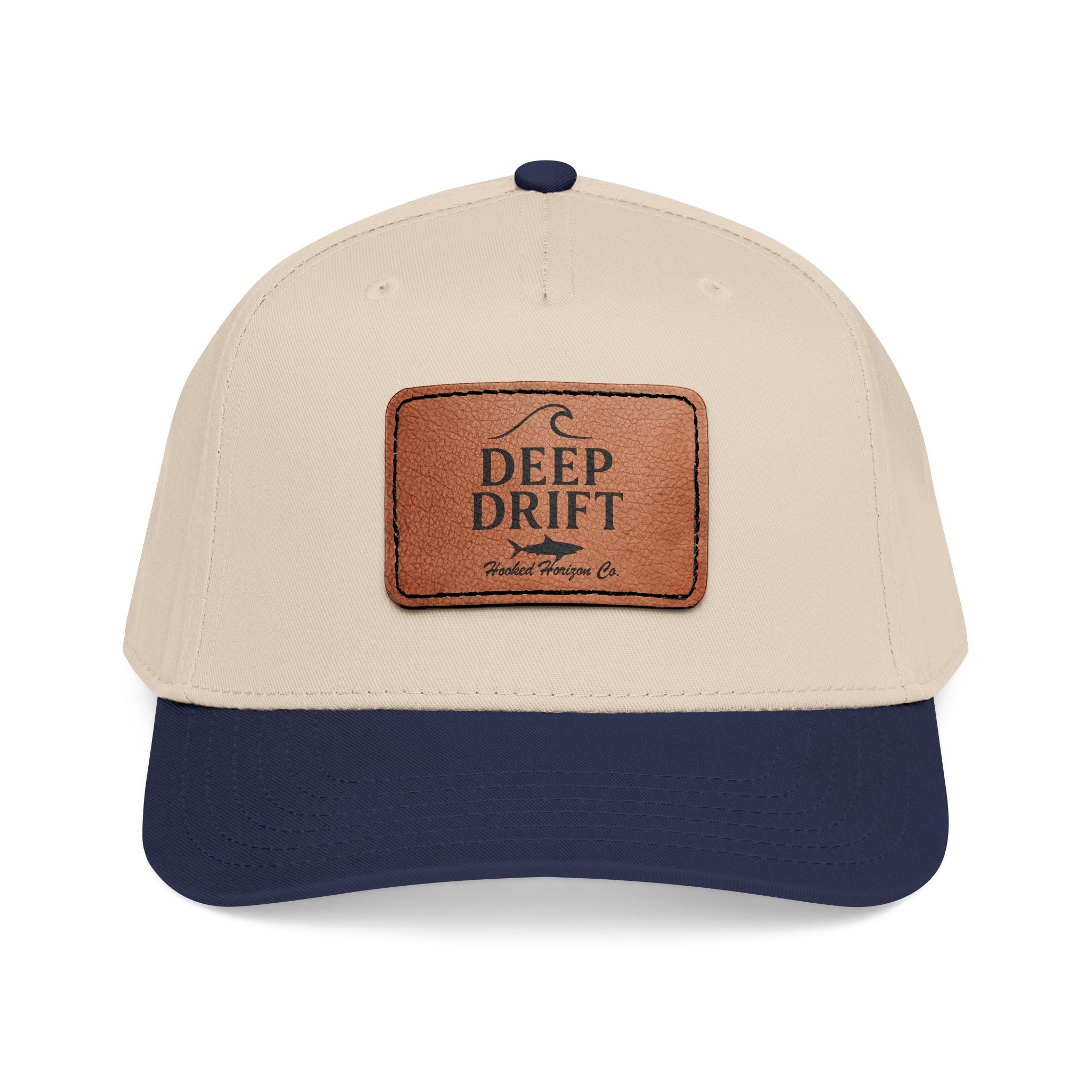 "Deep Drift" Shark Wave Leather Patch Baseball Cap — Hooked Horizon Co. Ocean Wave Logo, Multiple Color Variations