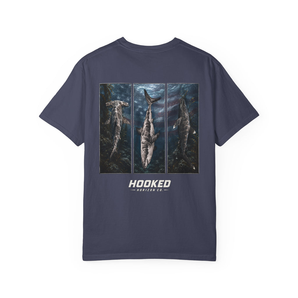 USA Triple Shark Hooked Horizon Co. — "Chasing Legends" Deep Drift Fishing Graphicishing Tee for Angler Lovers, Shark Lovers, Ocean Tee