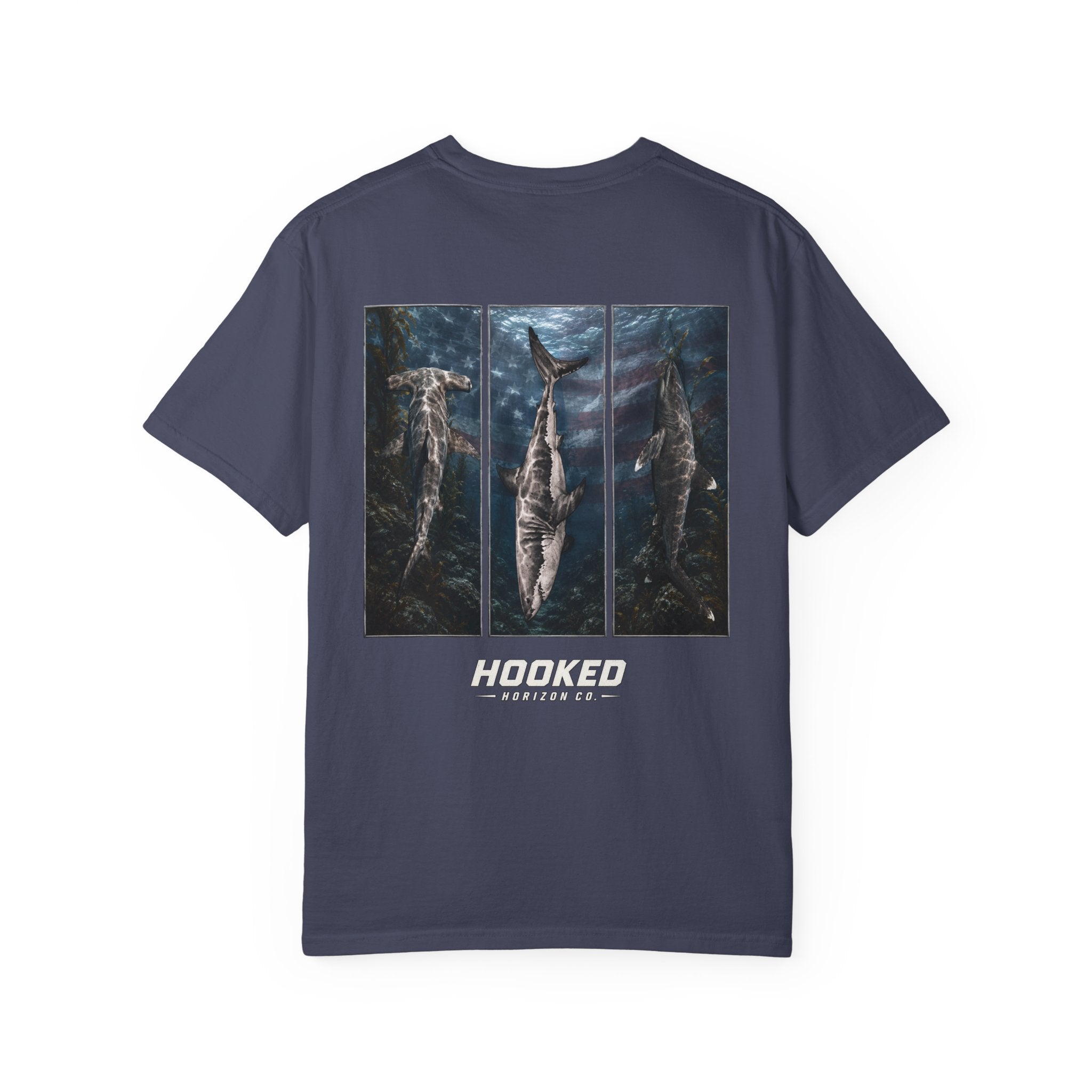 USA Triple Shark Hooked Horizon Co. — "Chasing Legends" Deep Drift Fishing Graphicishing Tee for Angler Lovers, Shark Lovers, Ocean Tee