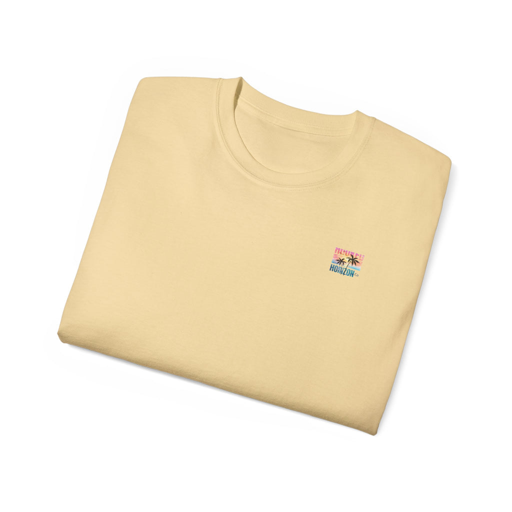 Sunset & Palm Tree T-Shirt — "Hooked" Boat & Horizon Graphic Tee, Multiple Color Variations