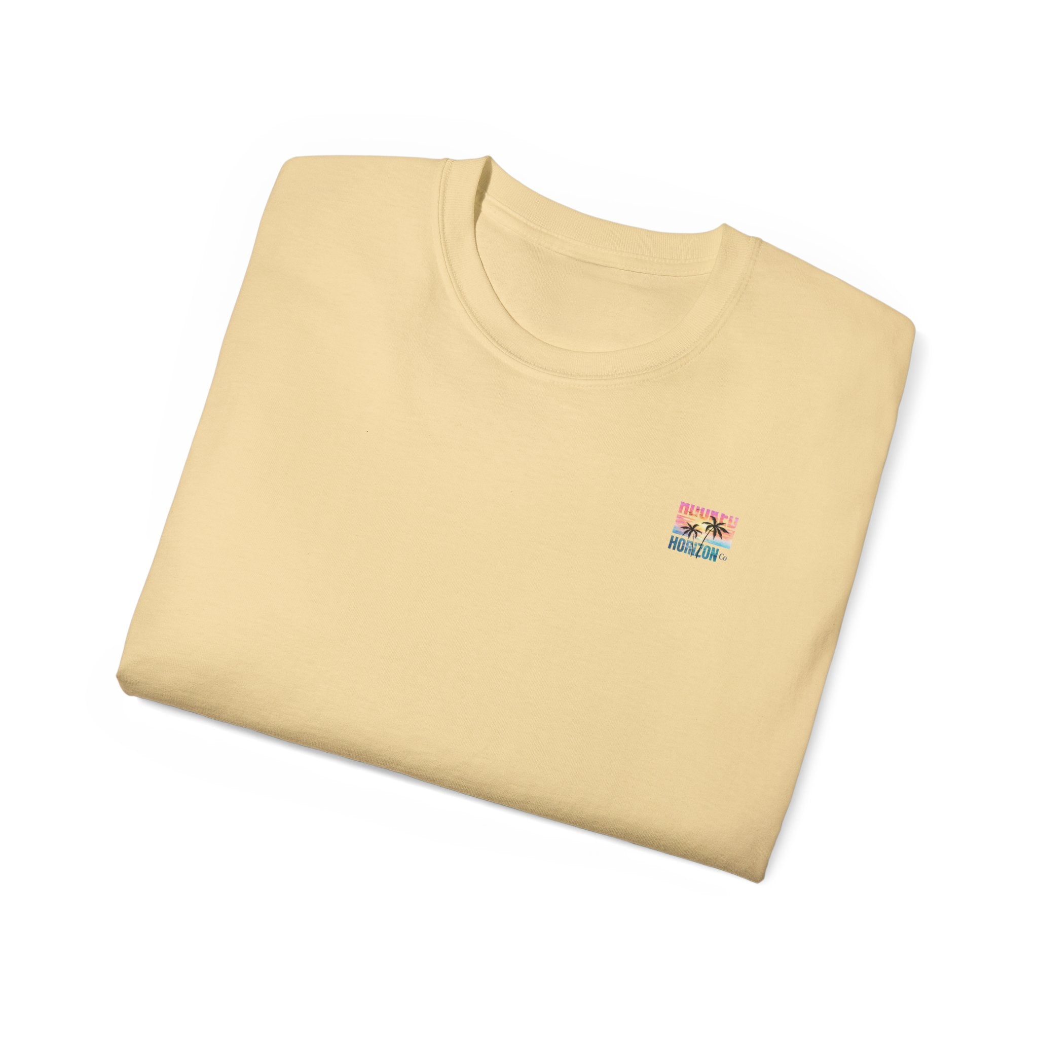 Sunset & Palm Tree T-Shirt — "Hooked" Boat & Horizon Graphic Tee, Multiple Color Variations