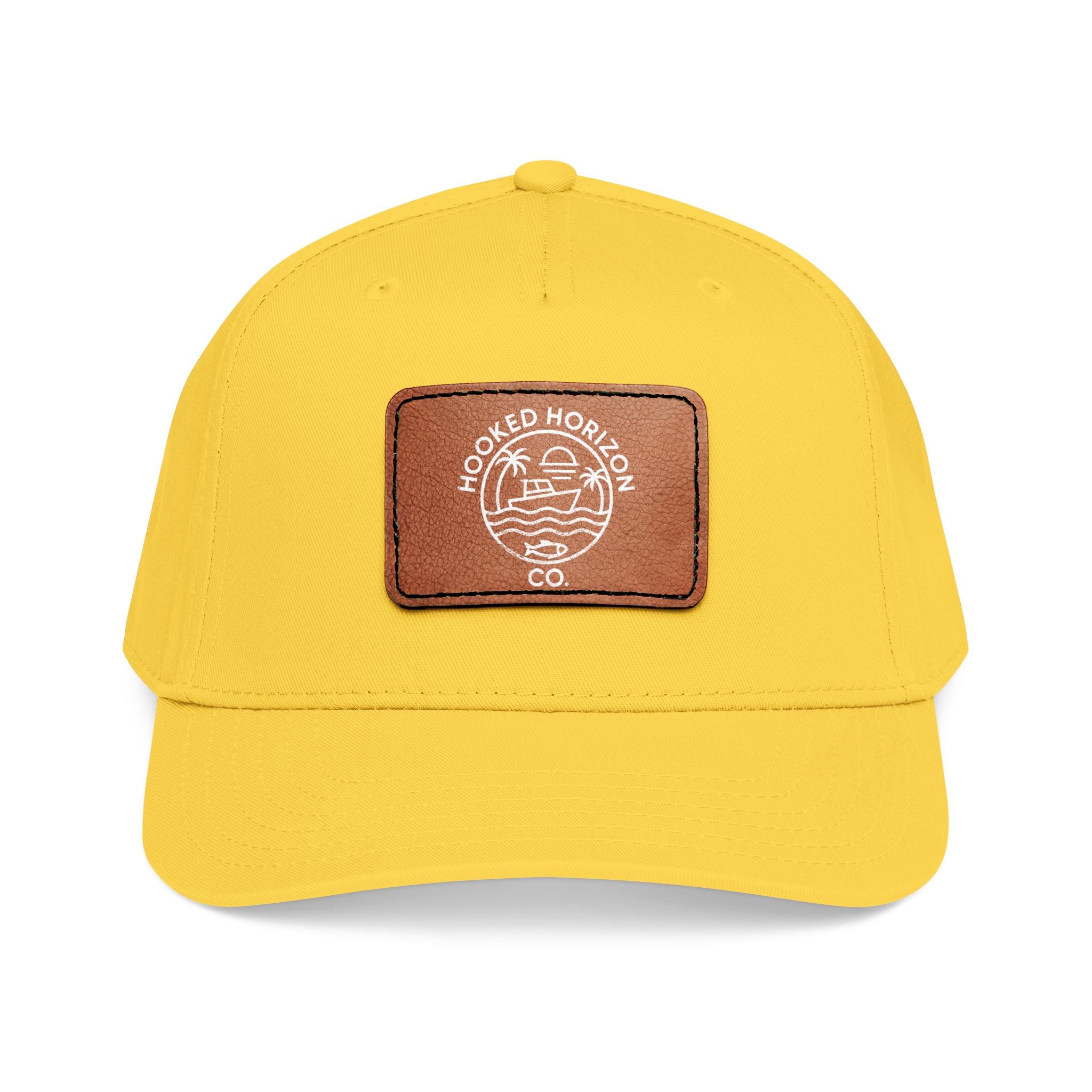 Hooked Horizon Co. 80s Inspired Logo–Leather Patch Baseball Cap — Hooked Horizon Co. Fishing Boat, Multiple Color Variations