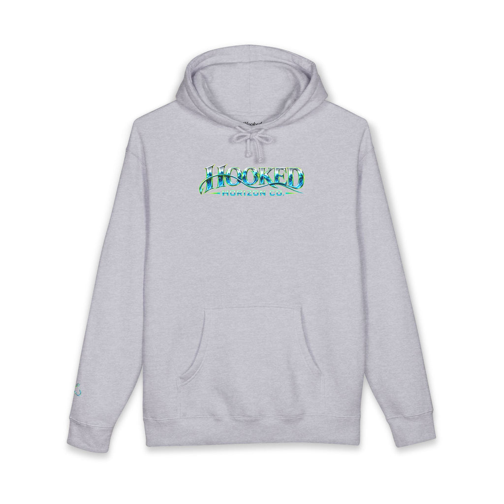 Barracuda Like Green Logo Hoodie—Hooked Horizon Co. — Fishing Back Graphic Hoodie, Multiple Color Variations
