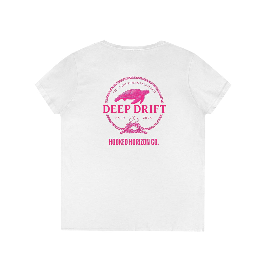 Deep Drift Women's V-Neck Tee - Turtle Pink Casual Style, Gift for Beach Lovers, Summer Wear, Travel Outfit, Comfortable Tee