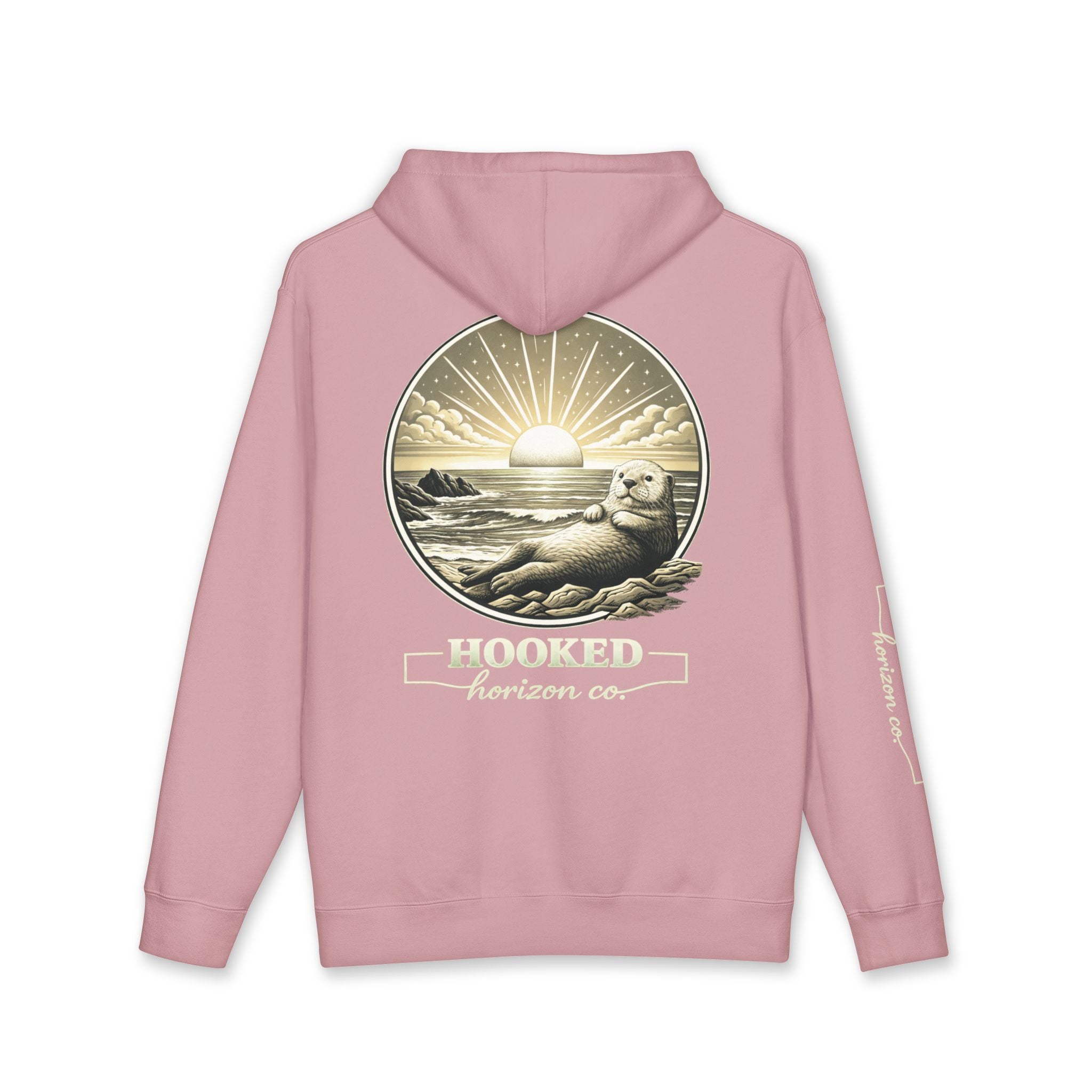 Sea Otter & Sunset Hoodie Hooked Horizon Co. — Minimal Fishing Back Graphic Hoodie, Multiple Color Variations