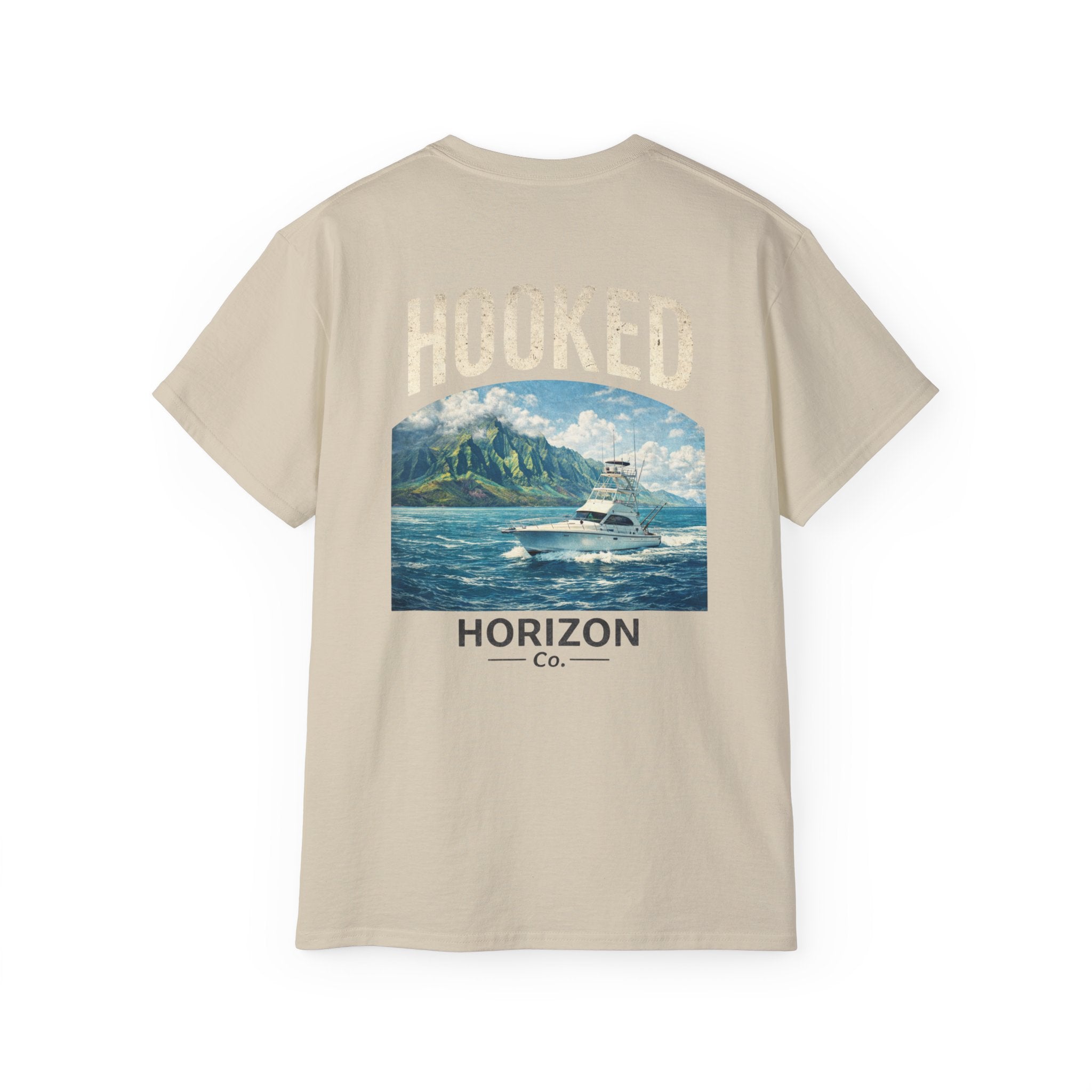 Fishing Charter T-Shirt — "Hooked" Boat & Horizon Graphic Tee, Multiple Color Variations