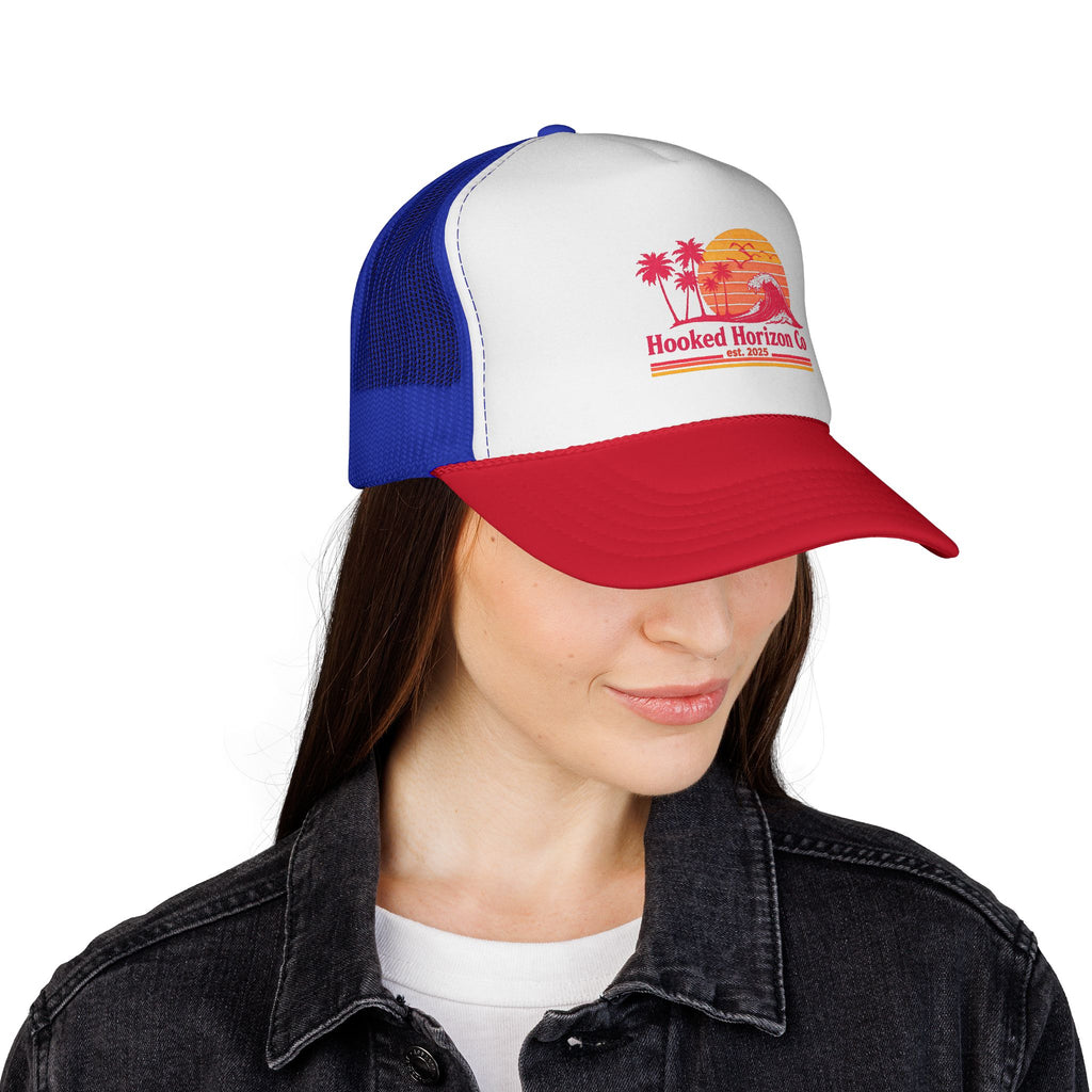 Hooked Horizon Co.  Wave, Sunset & Palm Tree 90s Inspired Trucker Cap — Outdoor & Beach Hat Ocean Conservation Gifts For Him & Her