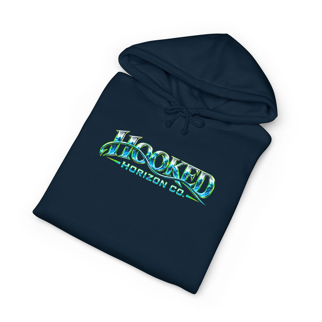 Barracuda Like Green Logo Hoodie—Hooked Horizon Co. — Fishing Back Graphic Hoodie, Multiple Color Variations