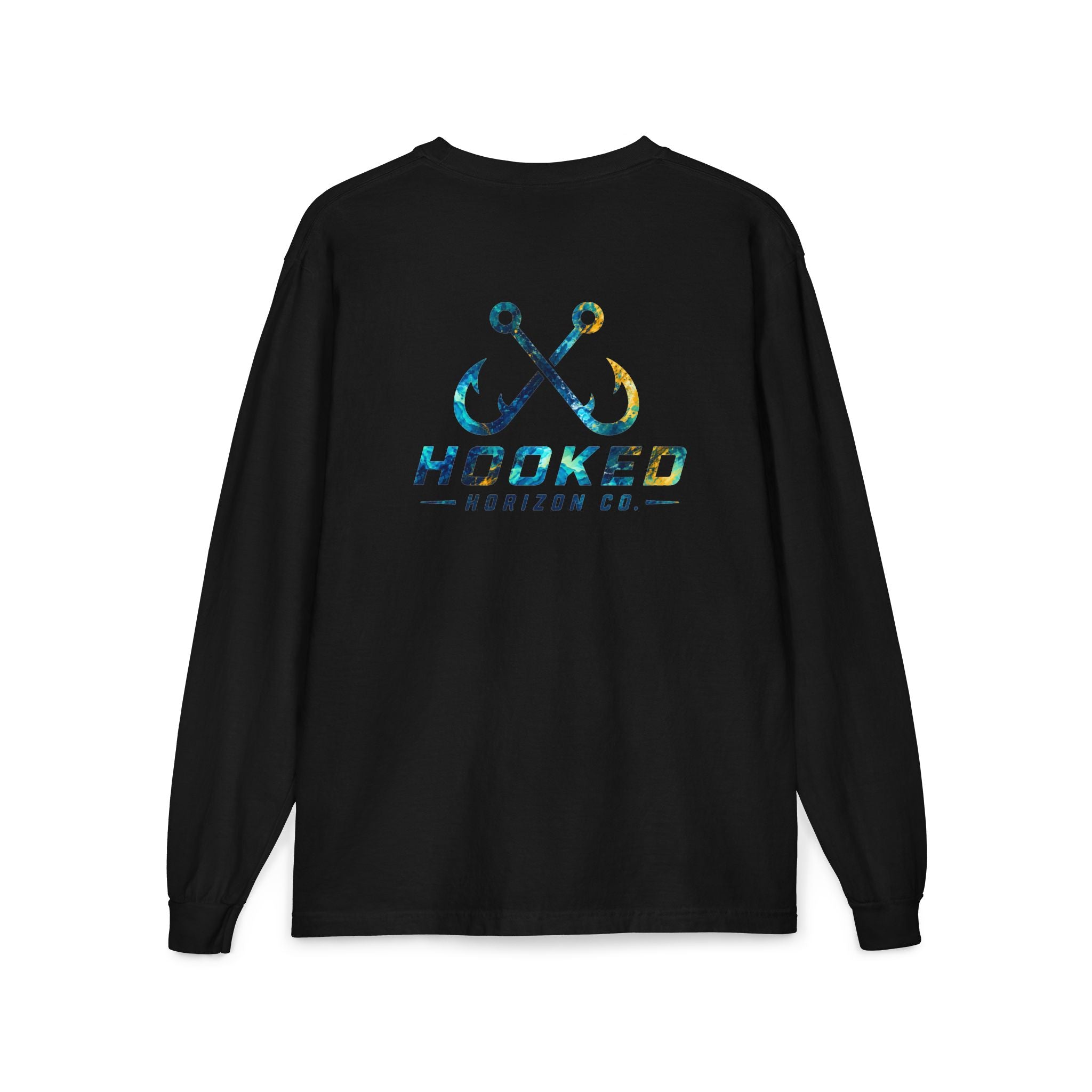 Blue & Gold Hooked Horizon Co.  Classic Logo Unisex Long Sleeve Pocket T-Shirt