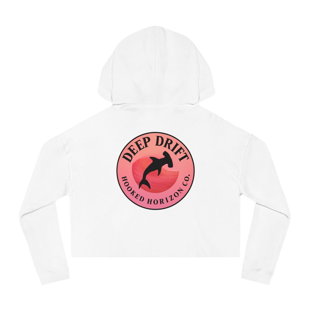 Pink & Red Hammer Head Shark Cropped Hoodie - "Deep Drift" Fishing Logo Cropped Hooded Sweatshirt