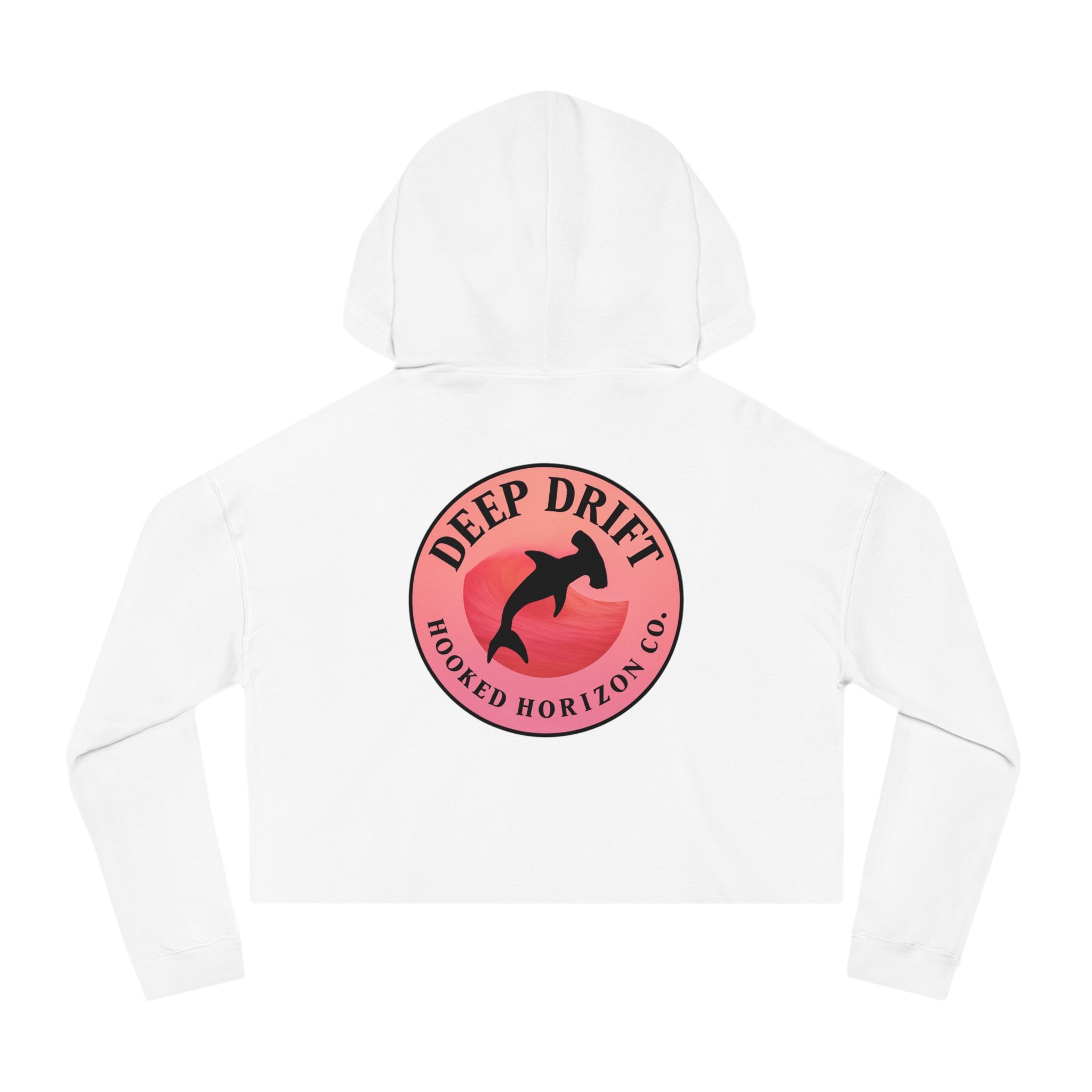 Pink & Red Hammer Head Shark Cropped Hoodie - "Deep Drift" Fishing Logo Cropped Hooded Sweatshirt