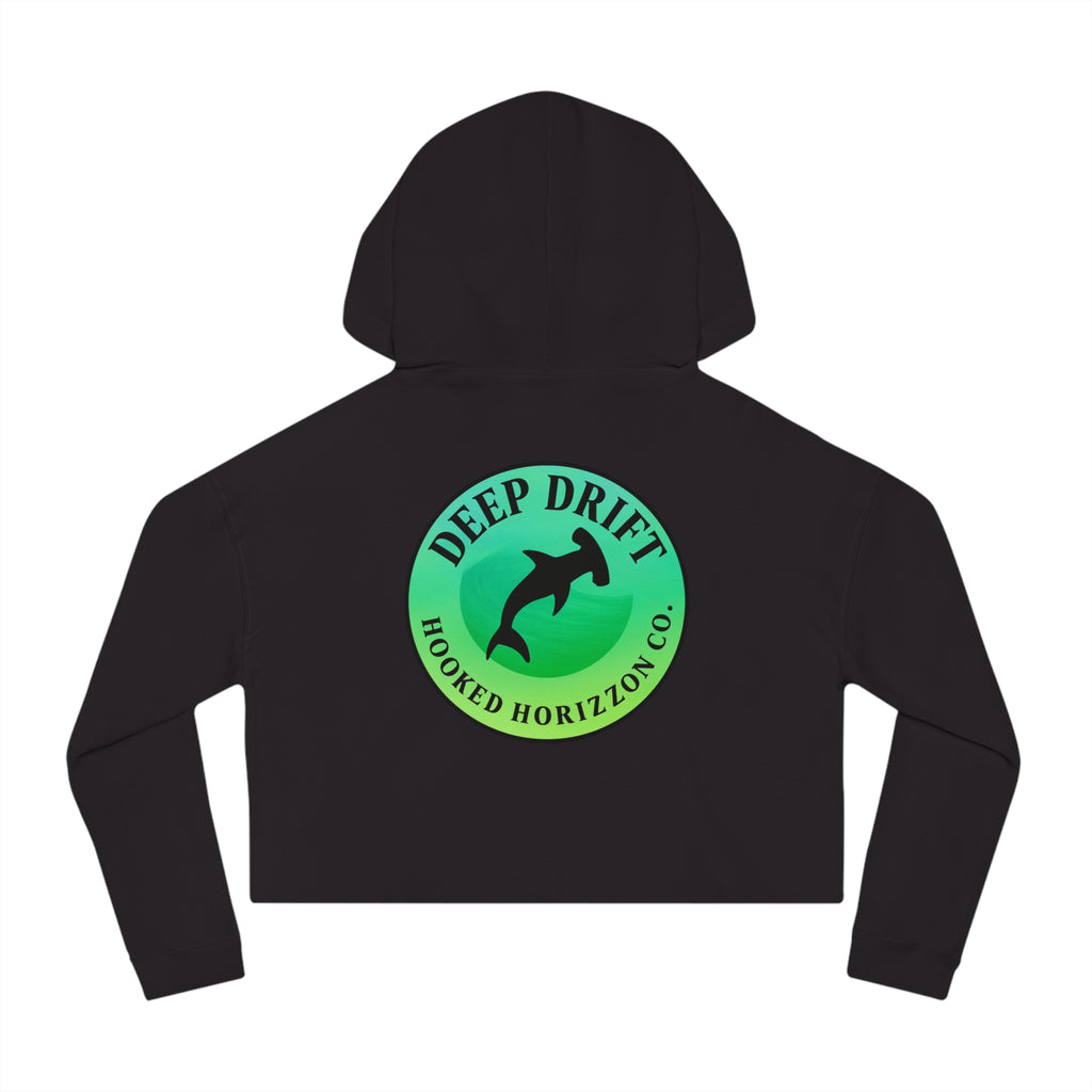 Green Hammer Head Shark Cropped Hoodie — "Deep Drift on the Water" Fishing Graphic