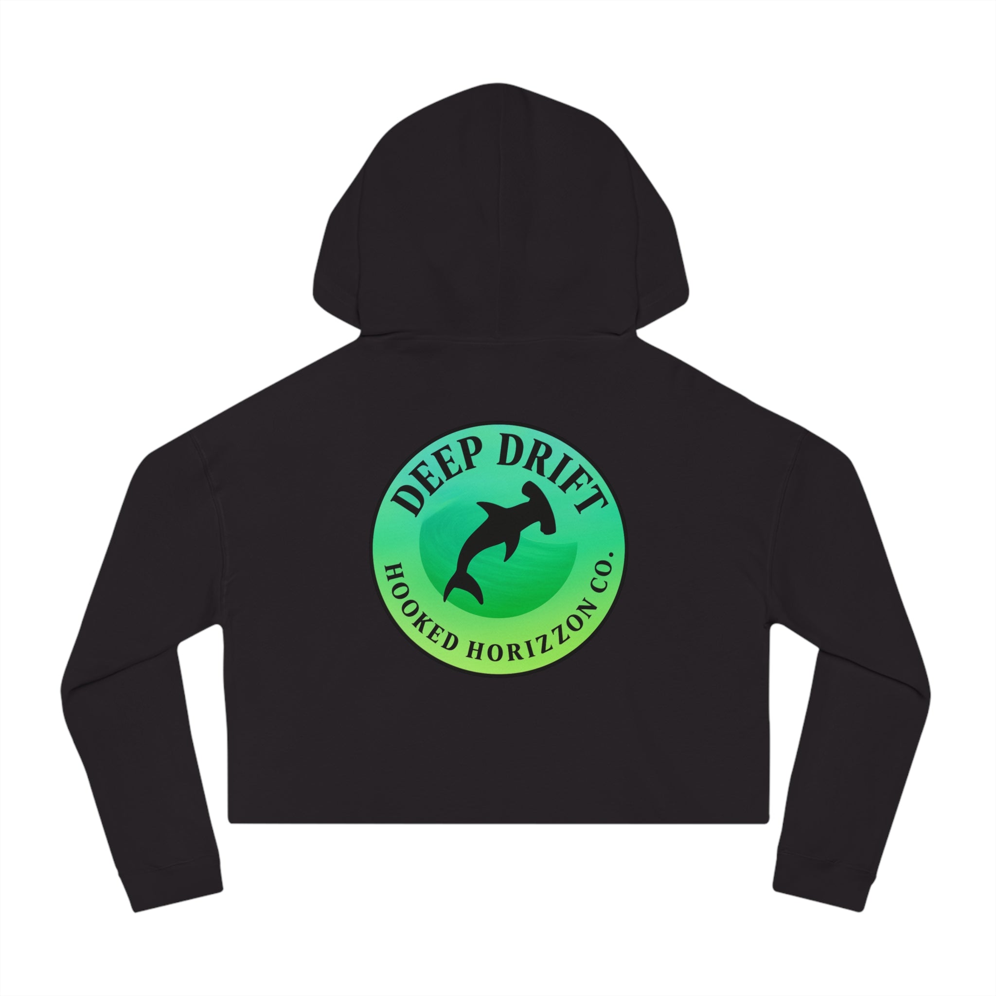 Green Hammer Head Shark Cropped Hoodie — "Deep Drift on the Water" Fishing Graphic