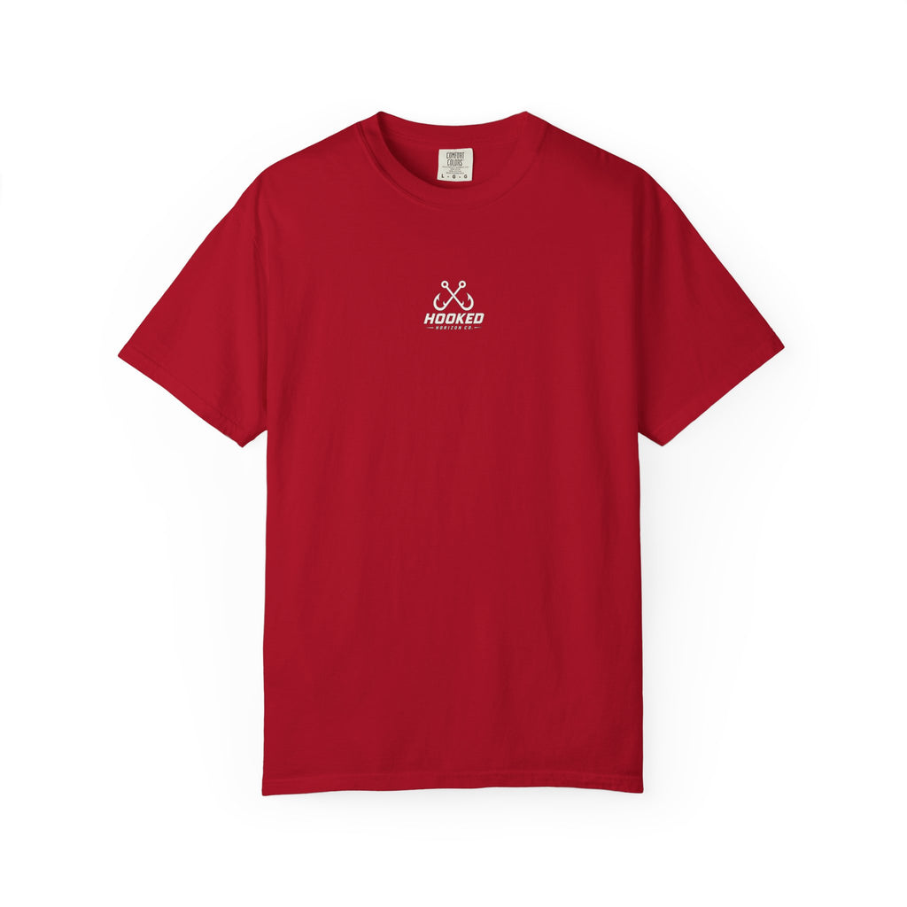 USA Triple Shark Hooked Horizon Co. — "Chasing Legends" Deep Drift Fishing Graphicishing Tee for Angler Lovers, Shark Lovers, Ocean Tee