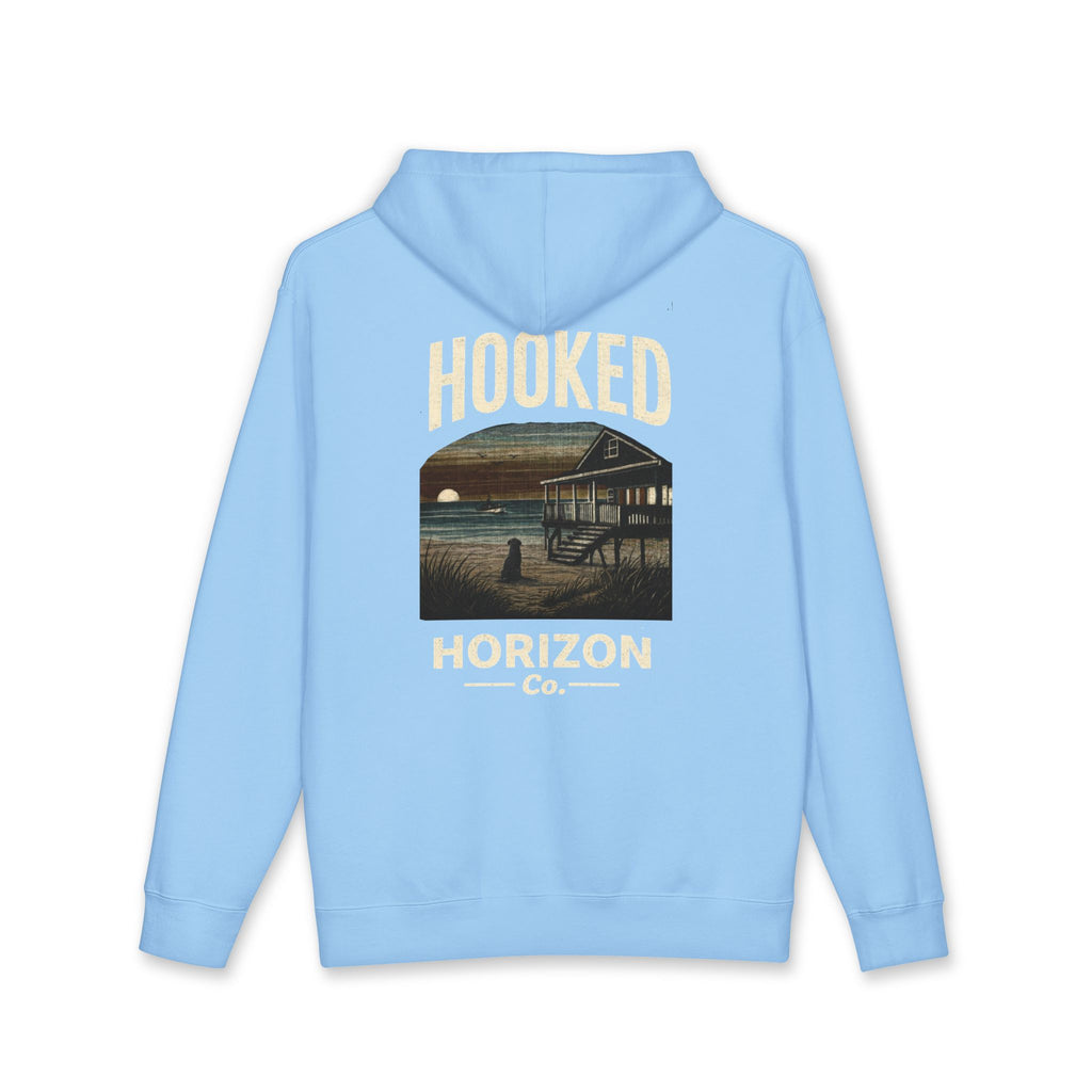 Dog & Sunset Hoodie Hooked Horizon Co. — Minimal Fishing Back Graphic Hoodie, Multiple Color Variations