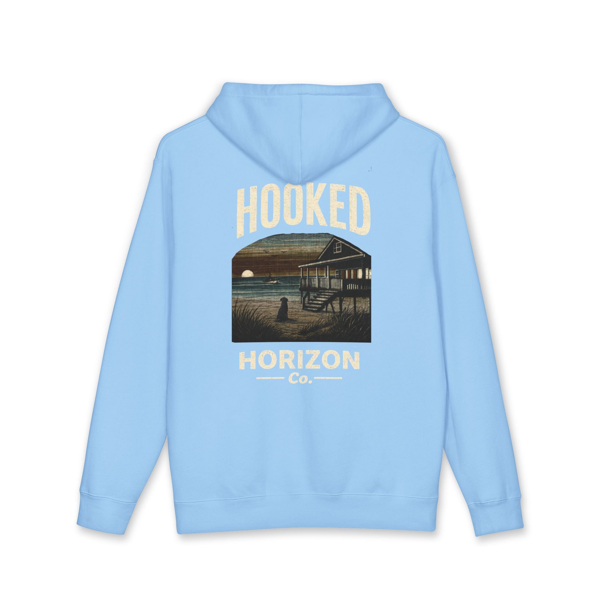 Dog & Sunset Hoodie Hooked Horizon Co. — Minimal Fishing Back Graphic Hoodie, Multiple Color Variations