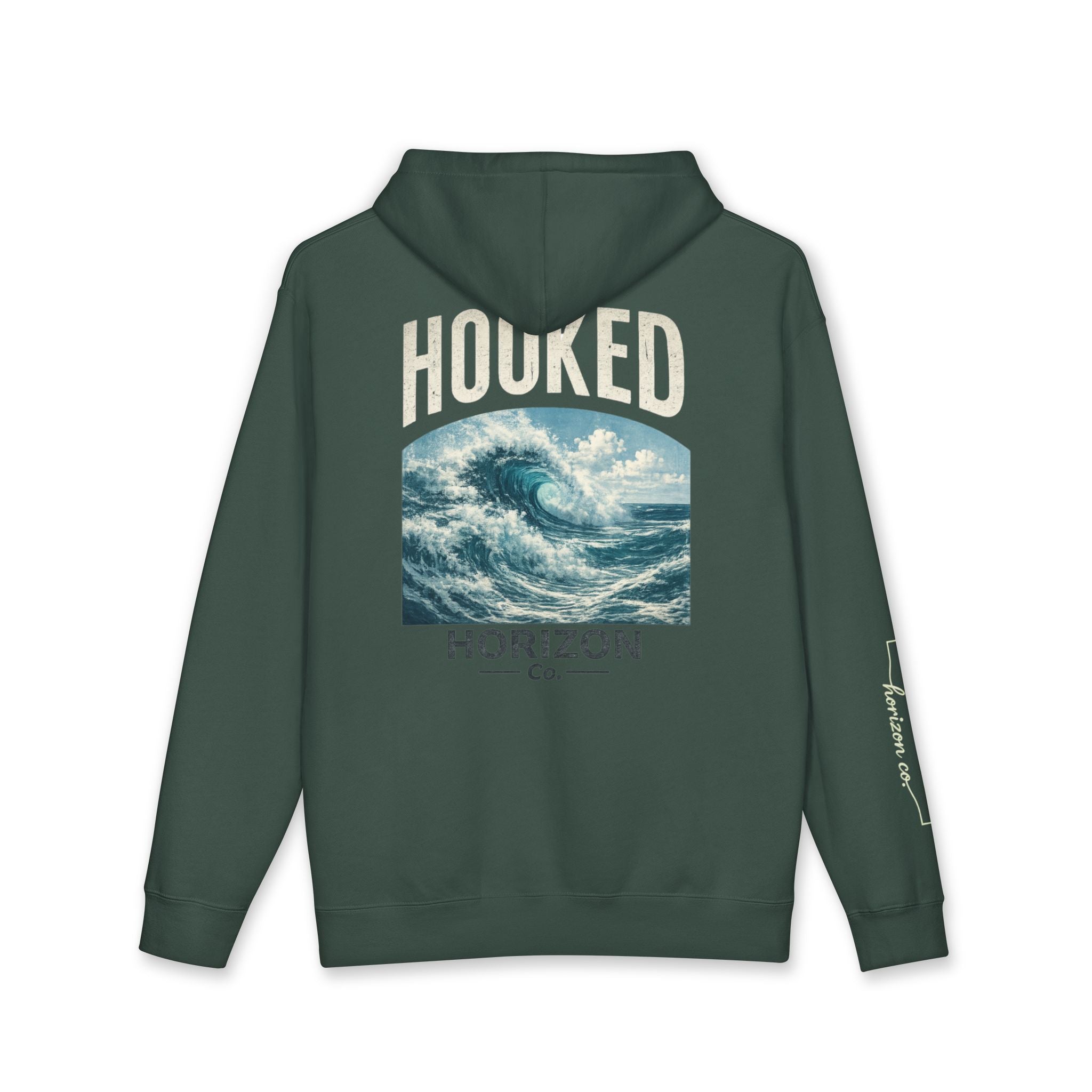 Wave Hoodie Hooked Horizon Co. — Minimal Fishing Back Graphic Hoodie, Multiple Color Variations
