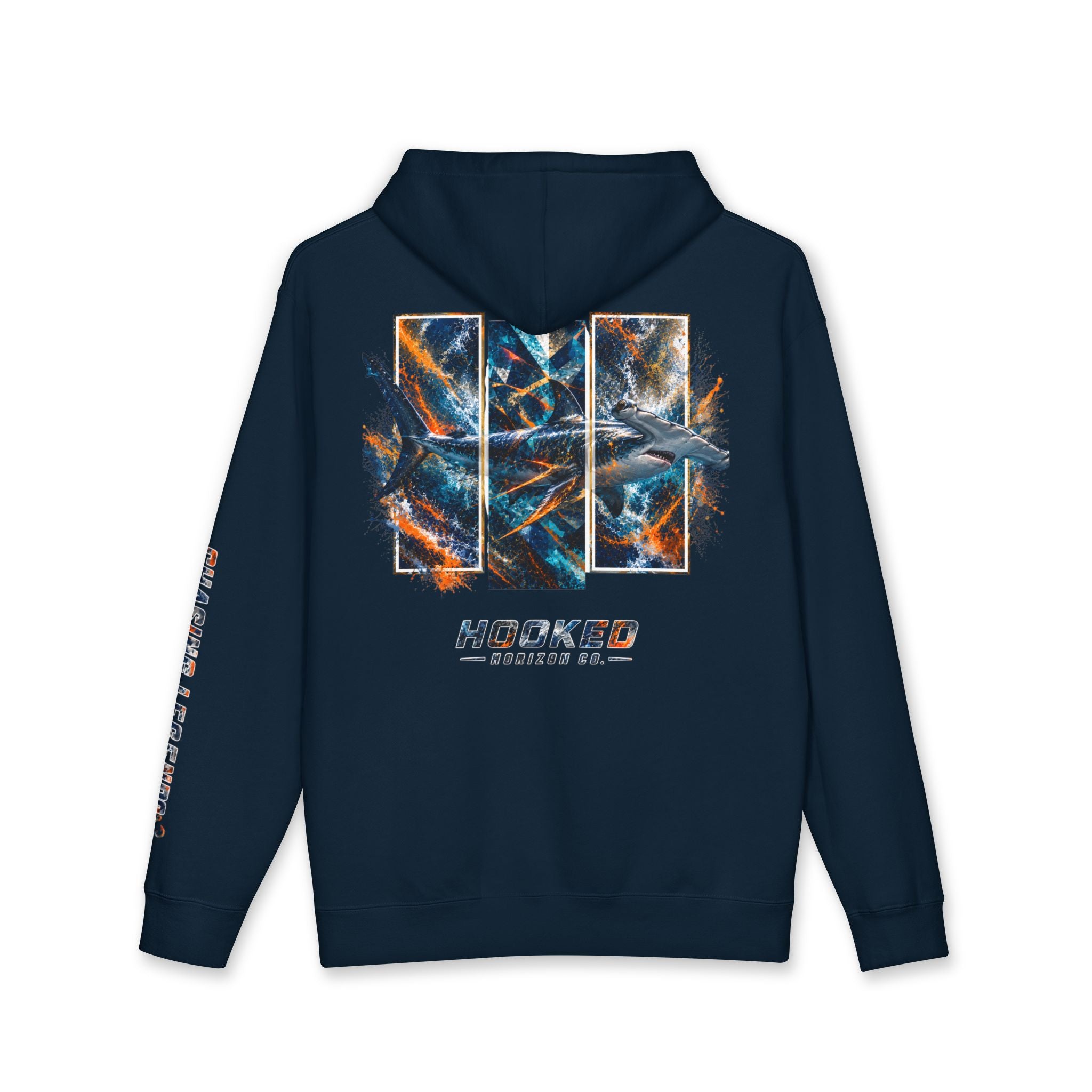 Hammer Head Hoodie Hooked Horizon Co. — Fishing Back Graphic Hoodie, Multiple Color Variations