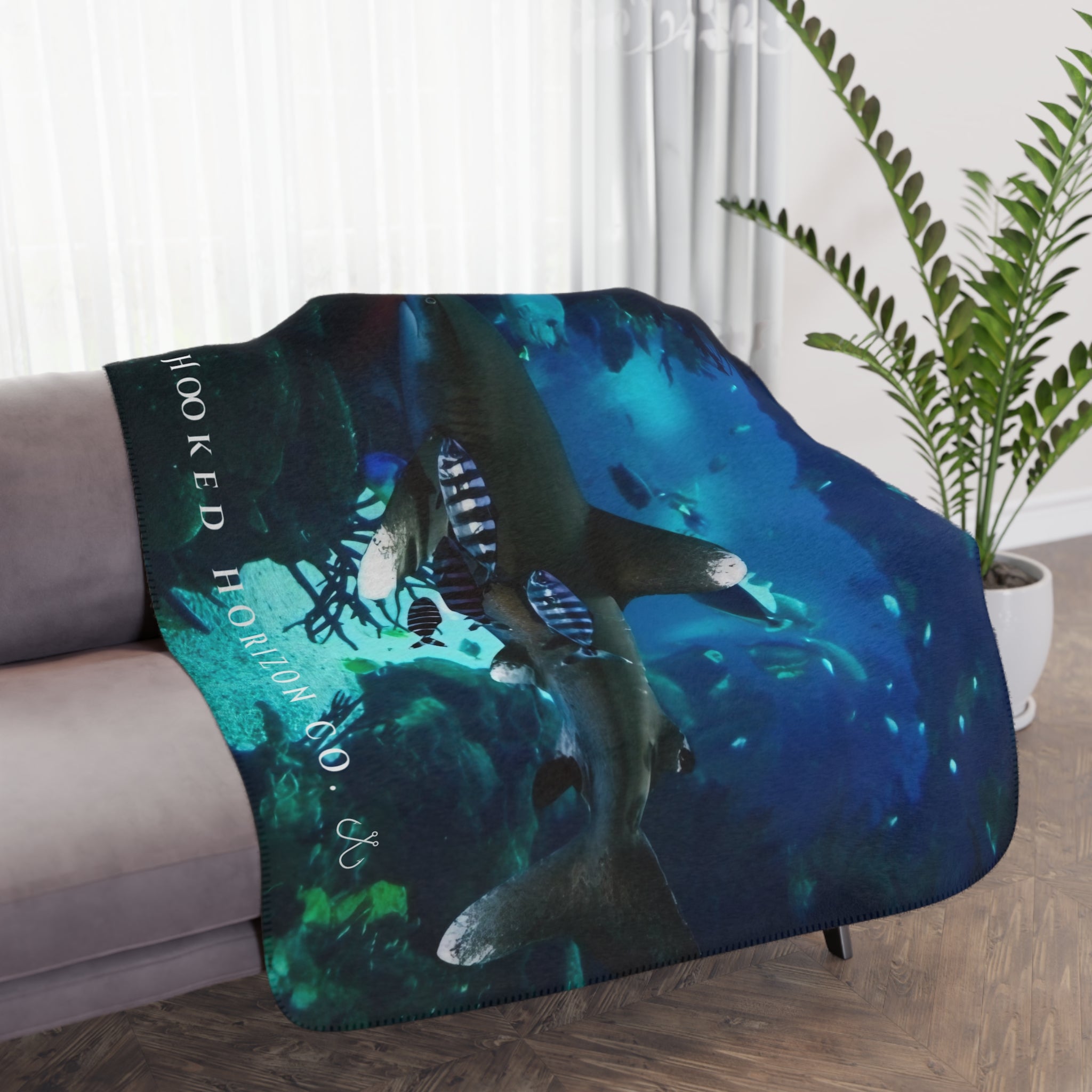 White Tip Shark Deep Drift— Hooked Horizon Co. Sherpa Blanket, Coastal Ocean Photography Throw
