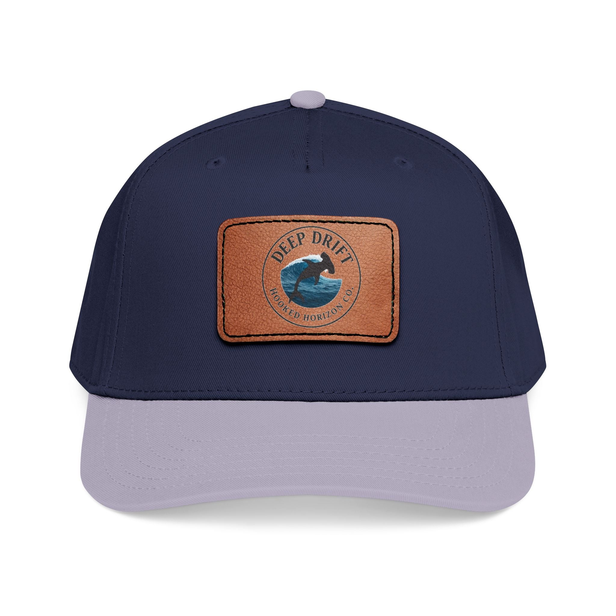 Deep Drift Leather Patch Baseball Cap — Hooked Horizon Co. Ocean Wave Logo, Multiple Color Variations