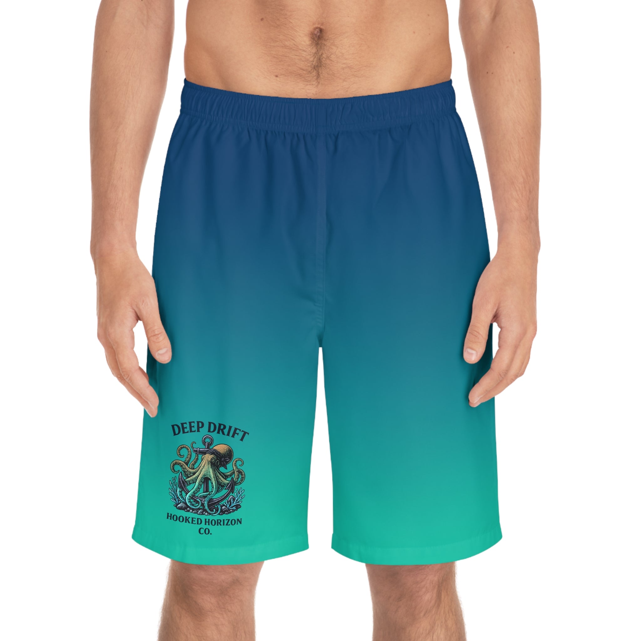 Blue To Sea Green Ombre Men's Ocean-Inspired Board Shorts, Swimwear for Beach Days, Summer Vacations, Pool Parties, Surfing Attire, Water Sports
