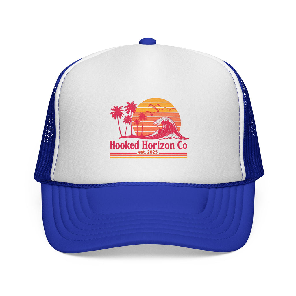 Hooked Horizon Co.  Wave, Sunset & Palm Tree 90s Inspired Trucker Cap — Outdoor & Beach Hat Ocean Conservation Gifts For Him & Her