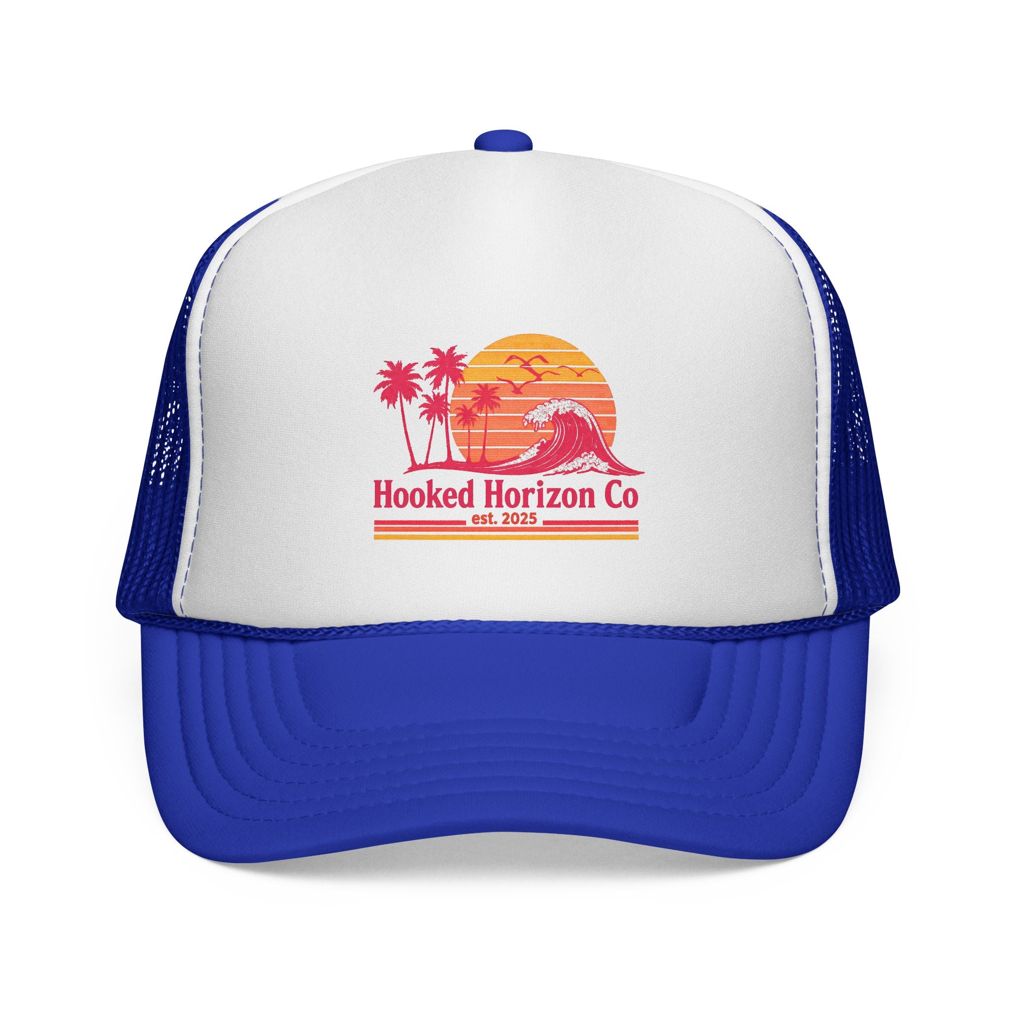 Hooked Horizon Co.  Wave, Sunset & Palm Tree 90s Inspired Trucker Cap — Outdoor & Beach Hat Ocean Conservation Gifts For Him & Her