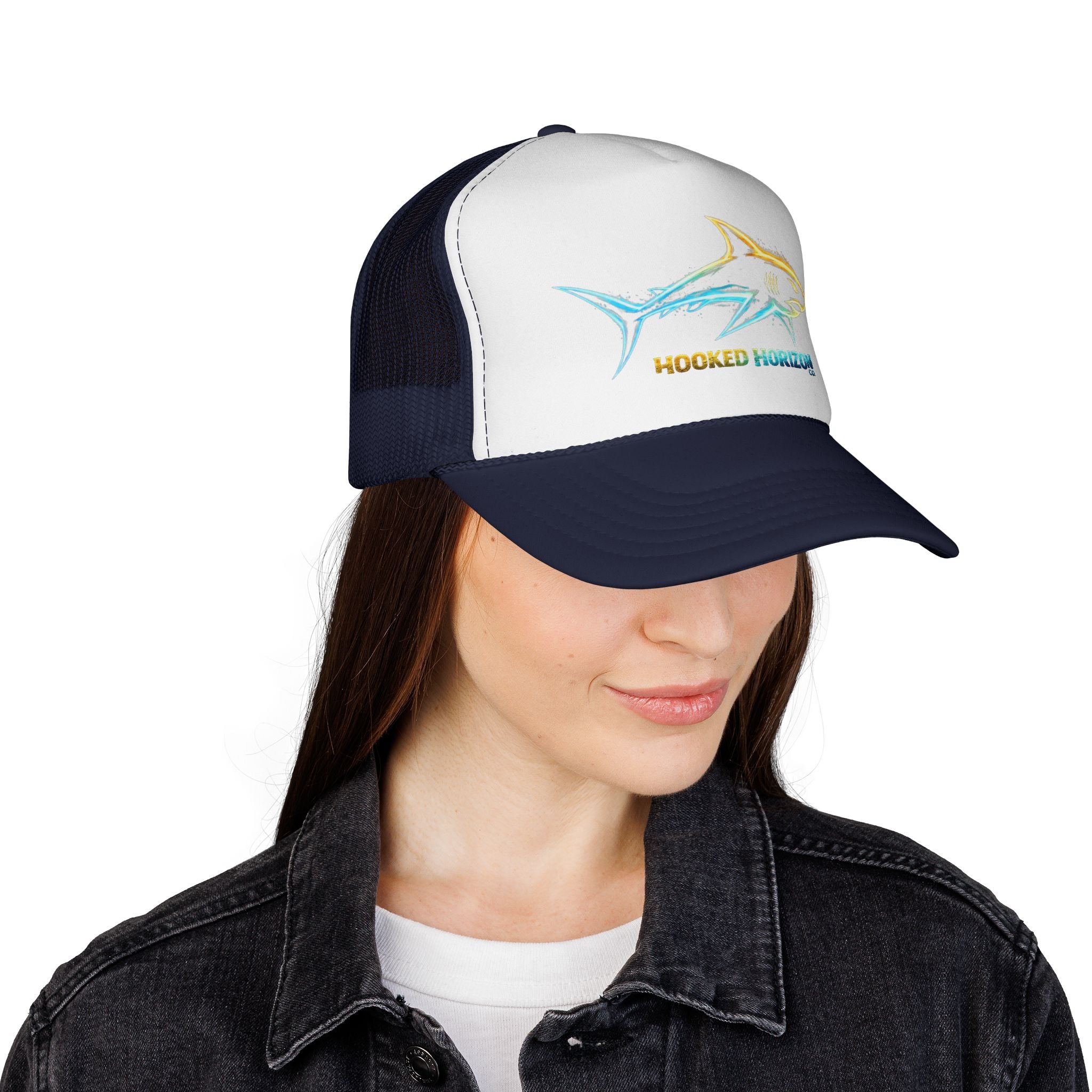 Gold & Blue Shark Trucker Cap — Fishing & Beach Hat