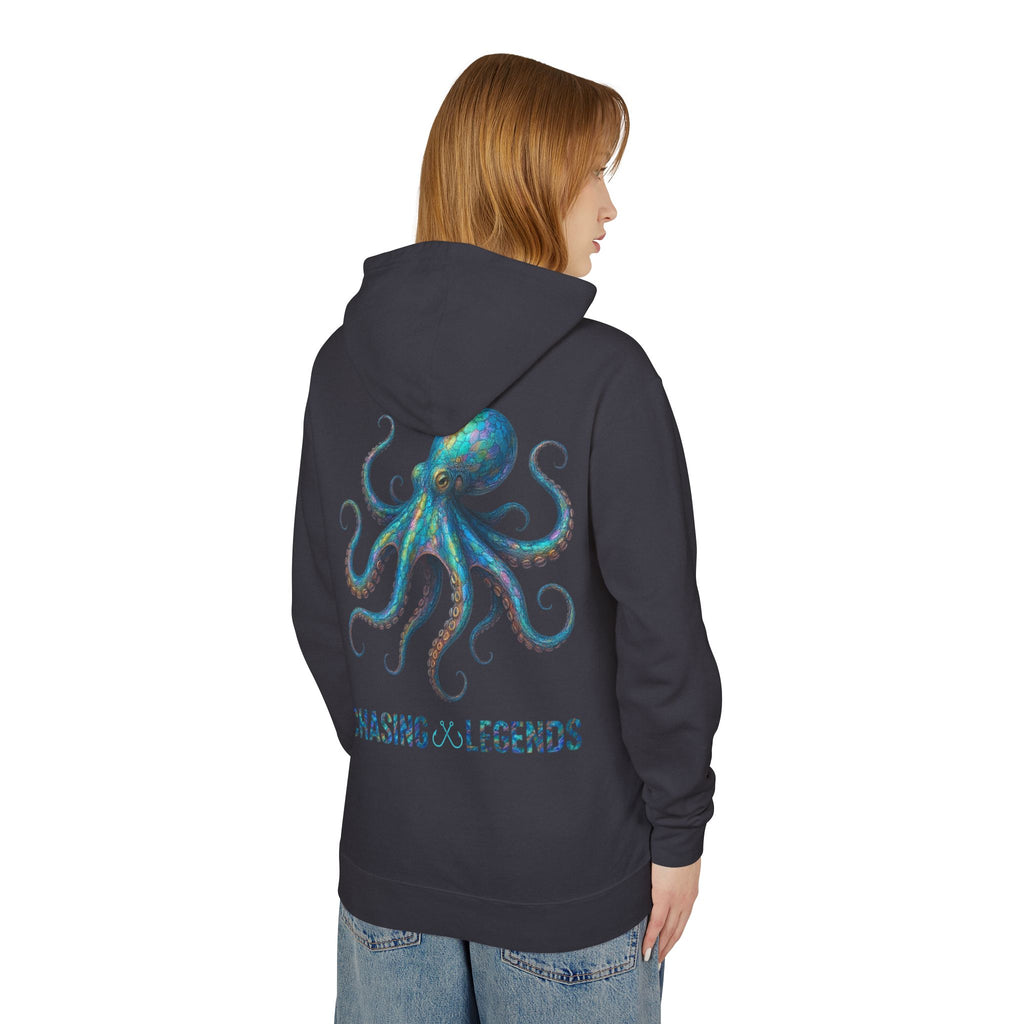 Chasing Legends Octopus Hoodie — Hooked Horizon Co Unisex Lightweight Hoodie with Deep Drift Design | Perfect for Fishermen, Beach Lovers, Casual Outings, Gift for Him/Her, Nautical Style,  Ocean Lover Gifts