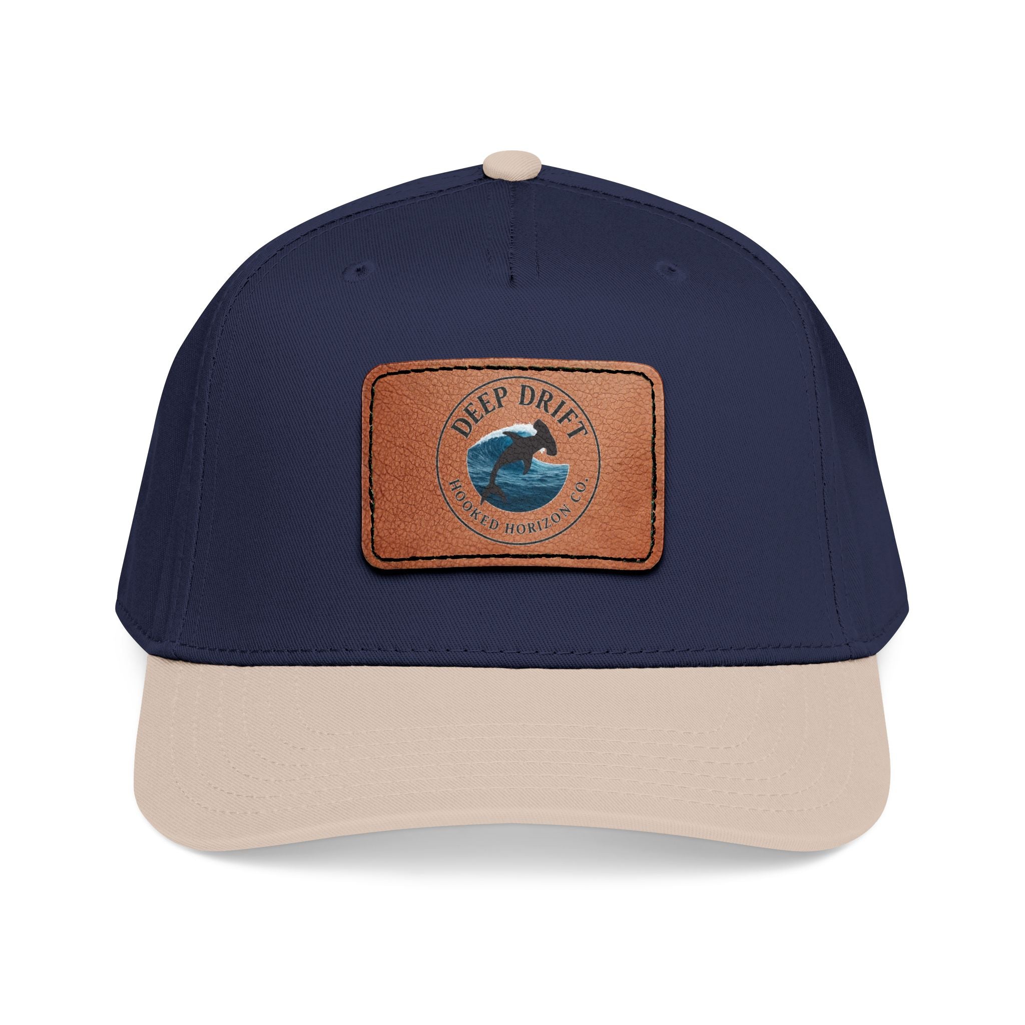 Deep Drift Leather Patch Baseball Cap — Hooked Horizon Co. Ocean Wave Logo, Multiple Color Variations