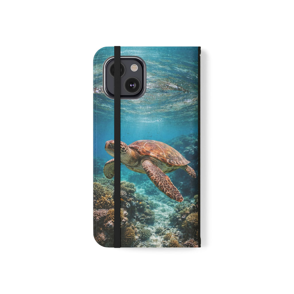 Turtle Hooked Horizon Co Flip Phone Case — Turquoise Water Pattern Wallet Cover