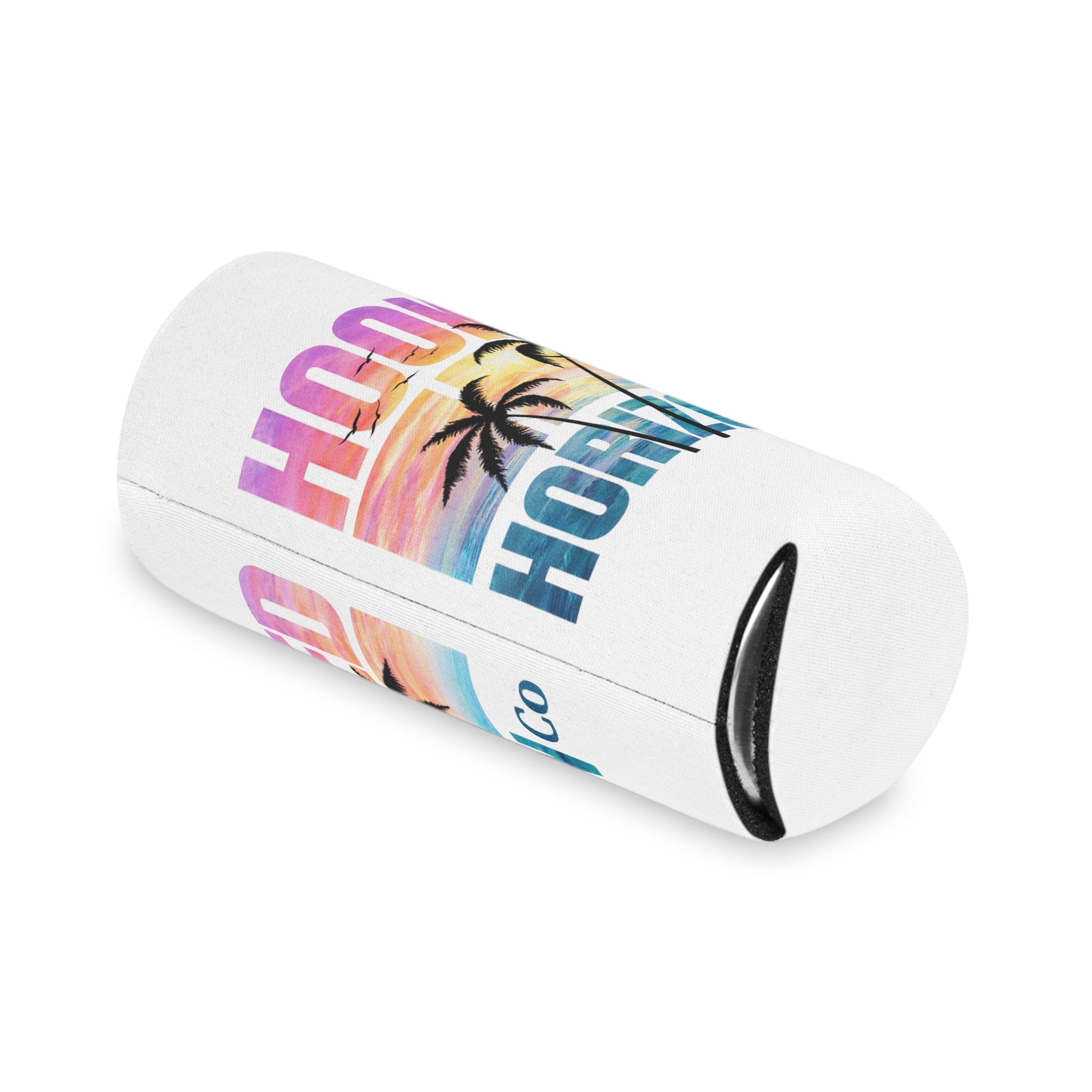 Hooked Horizon Co. Sunset & Palm Tree 90s Inspired Can Cooler – Tropical Sunset Palm Beverage Koozie