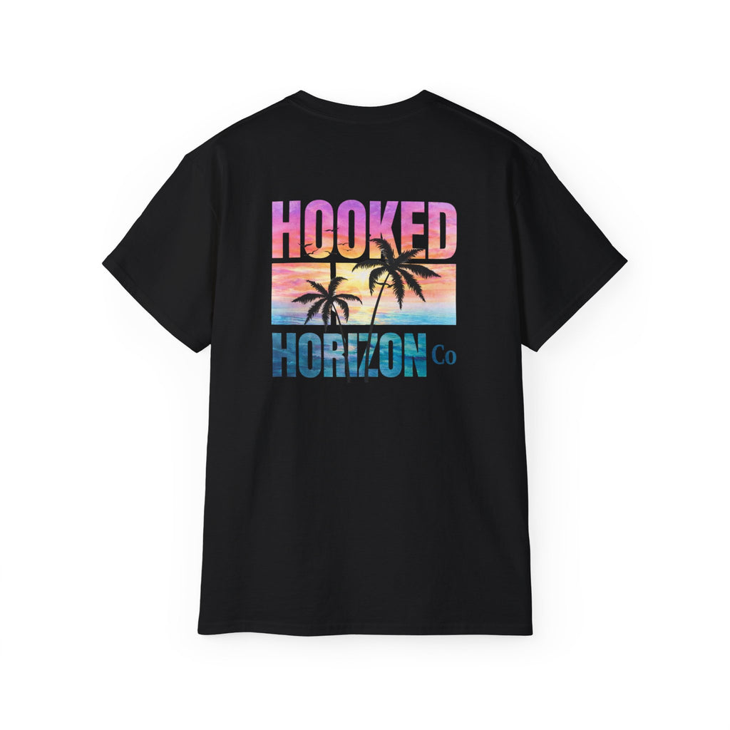 Sunset & Palm Tree T-Shirt — "Hooked" Boat & Horizon Graphic Tee, Multiple Color Variations