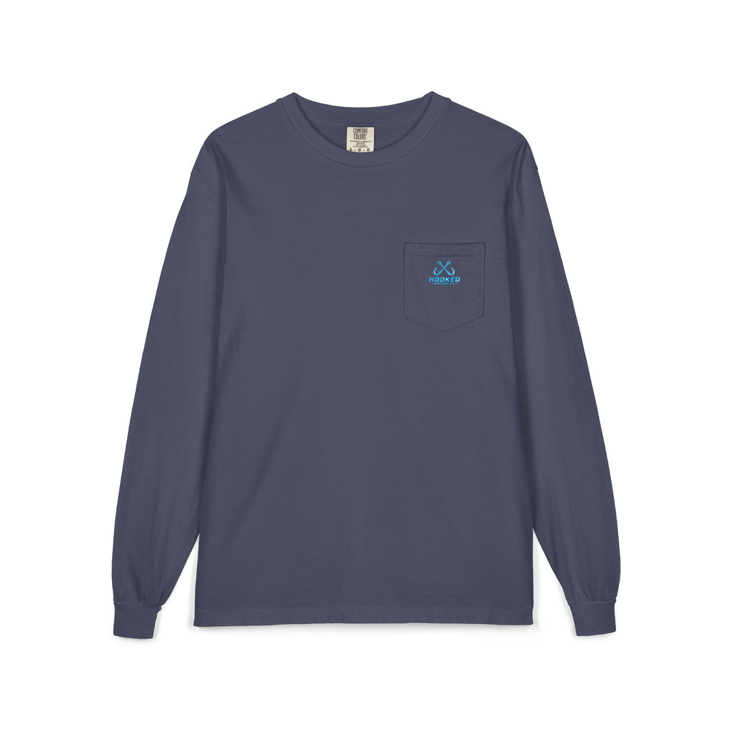 Bright Blue Hooked Horizon Co.  Classic Logo Unisex Long Sleeve Pocket T-Shirt