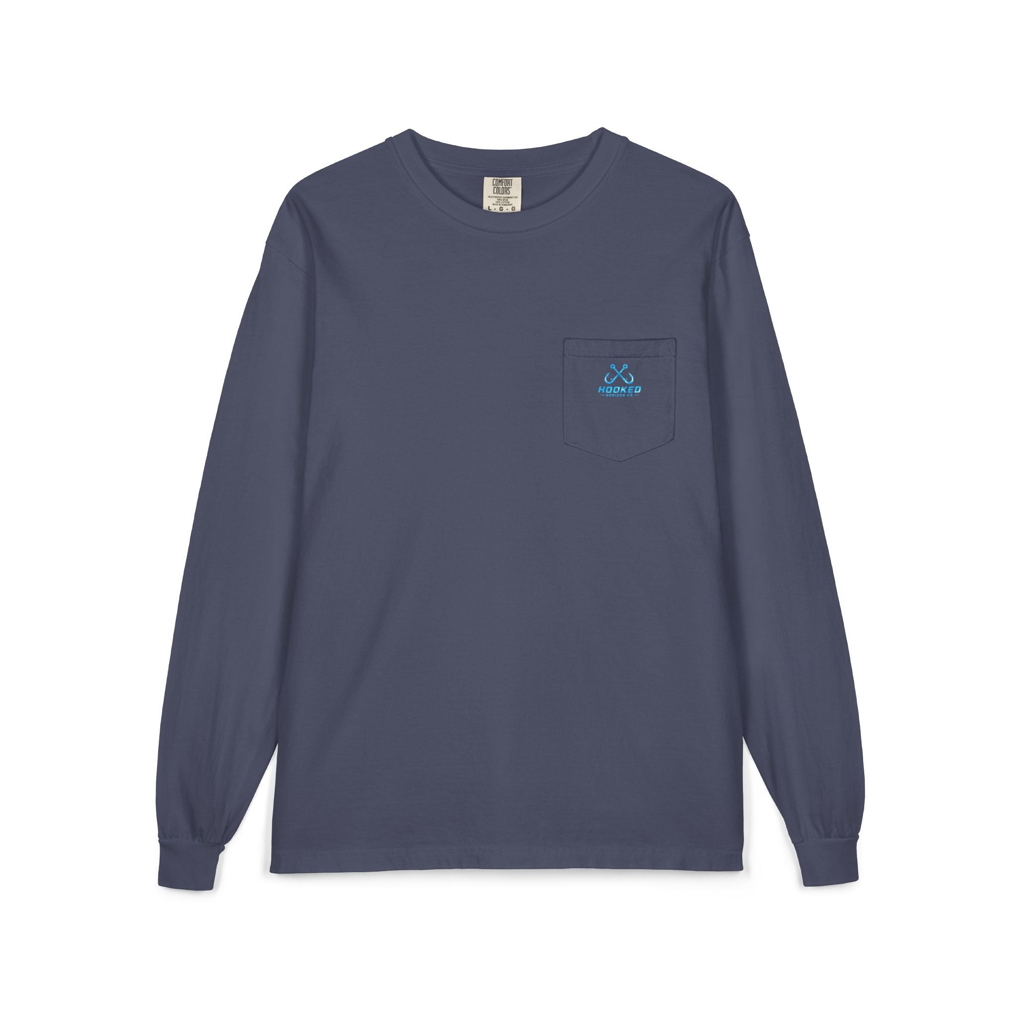 Bright Blue Hooked Horizon Co.  Classic Logo Unisex Long Sleeve Pocket T-Shirt