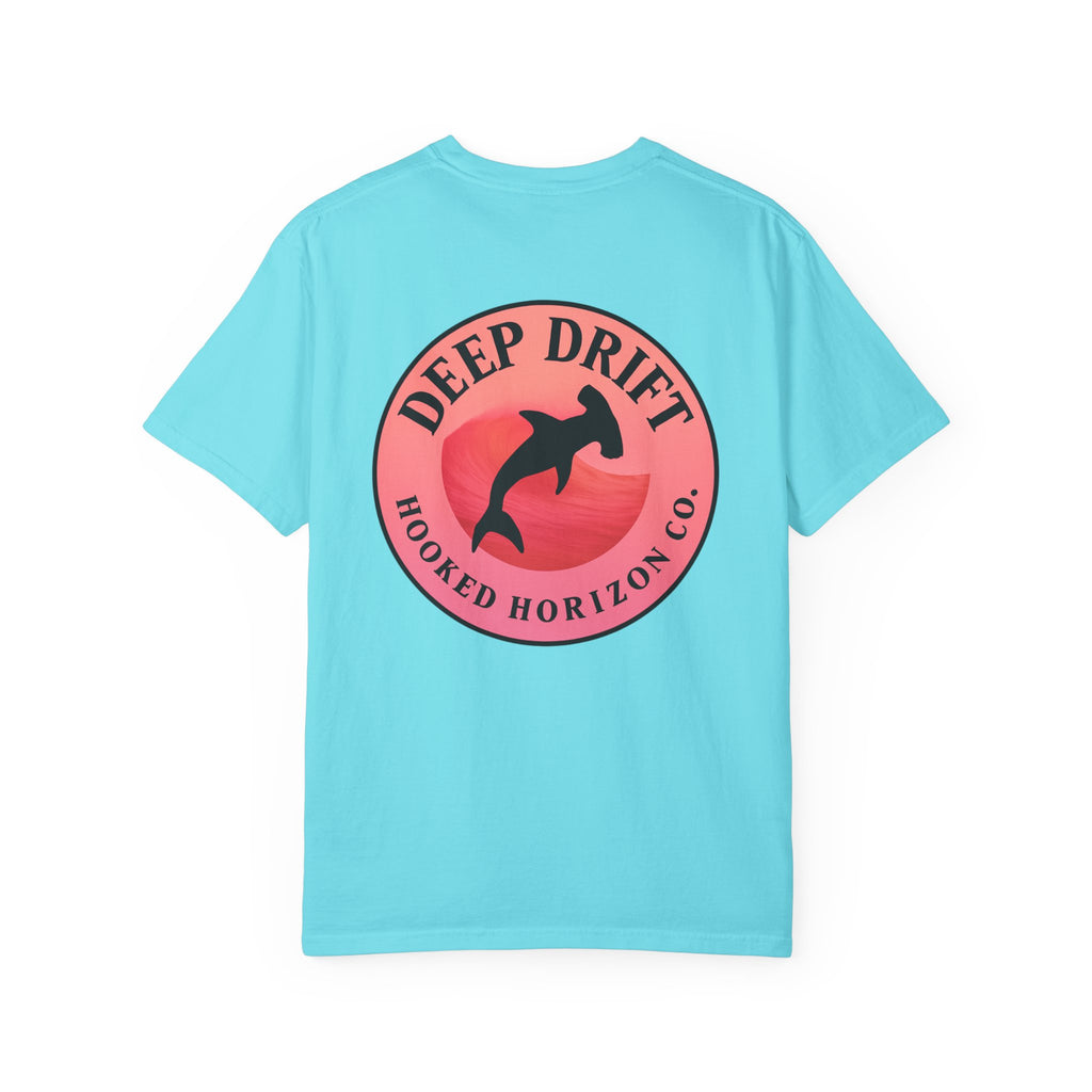 Deep Drift Fishing T-Shirt - Pink & Peach Fishing Tee for Angler Lovers, Pink Ombre, Hammer Head Shark Tee, Ocean-inspired