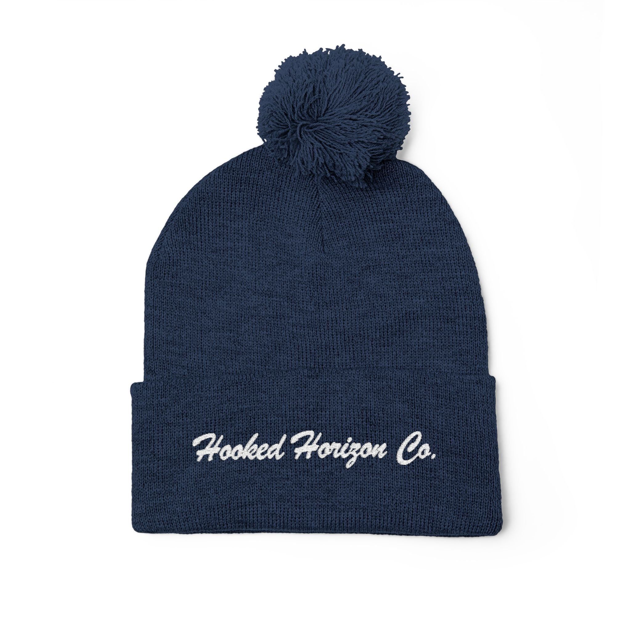 Hooked Horizon Co. Embroidered Pom-Pom Knit Cap — Cozy Grey Beanie with Multiple Color Variations