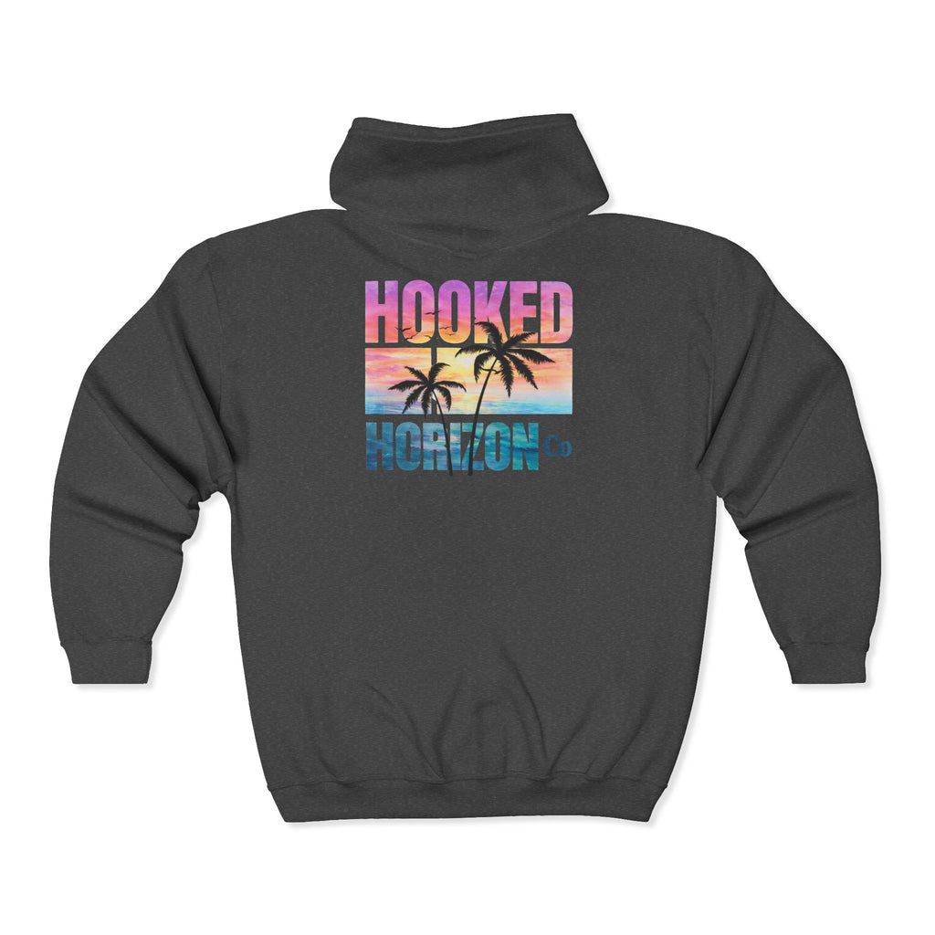 Hooked Horizon Co. Sunset & Palm Tree 90s Inspired Vacation Zip Hoodie - Tropical Palm Sunset Fishing Hoodie,  Multiple Color Variations