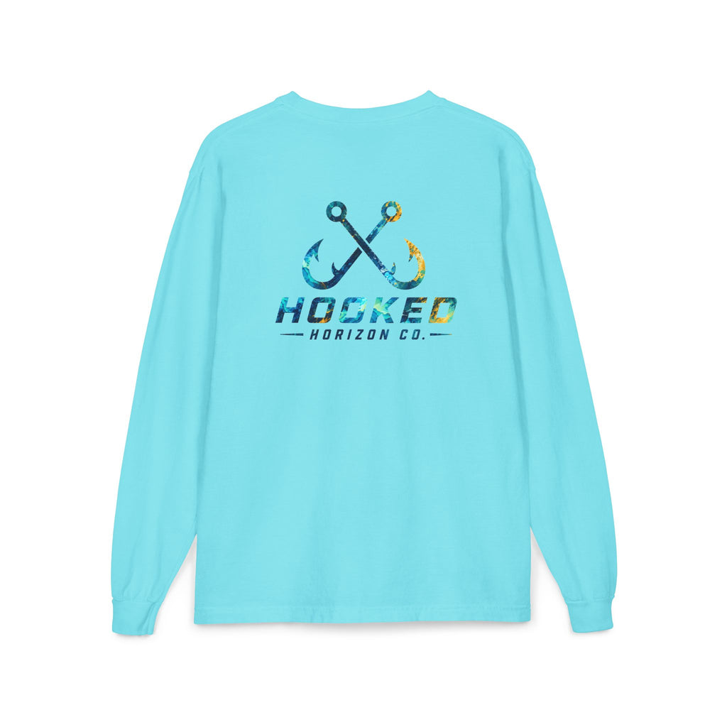 Blue & Gold Hooked Horizon Co.  Classic Logo Unisex Long Sleeve Pocket T-Shirt