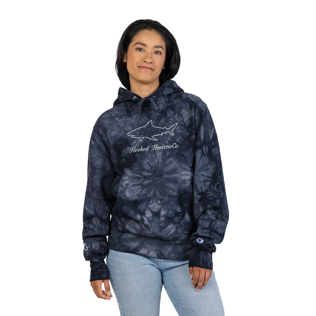 Deep Drift Chic Tie-Dye Hoodie with Embroidered Design | Unisex, Comfortable Hoodie for Everyday Wear, Gifts, Festivals, Casual Style, Trendy Apparel, Fishing Enthusiasts,  Angler Gifts, Him & Her,  Hooked Horizon Co.