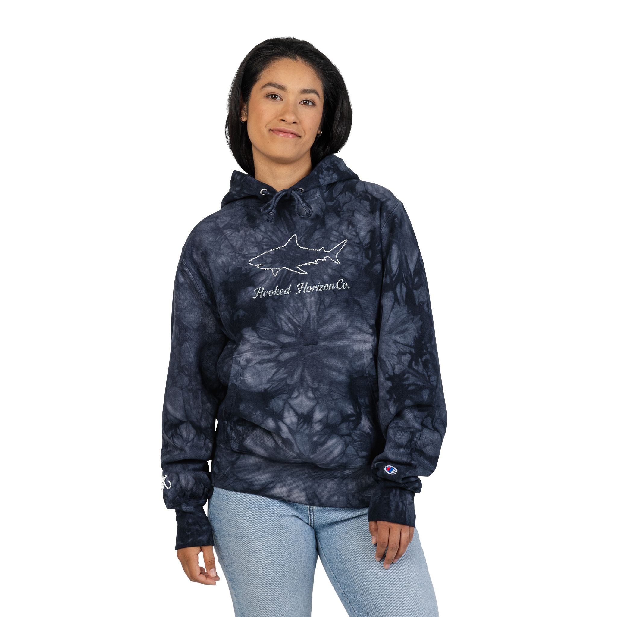 Deep Drift Chic Tie-Dye Hoodie with Embroidered Design | Unisex, Comfortable Hoodie for Everyday Wear, Gifts, Festivals, Casual Style, Trendy Apparel, Fishing Enthusiasts,  Angler Gifts, Him & Her,  Hooked Horizon Co.