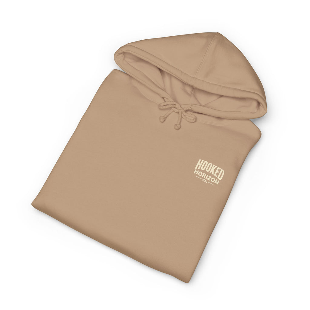 Dog & Sunset Hoodie Hooked Horizon Co. — Minimal Fishing Back Graphic Hoodie, Multiple Color Variations