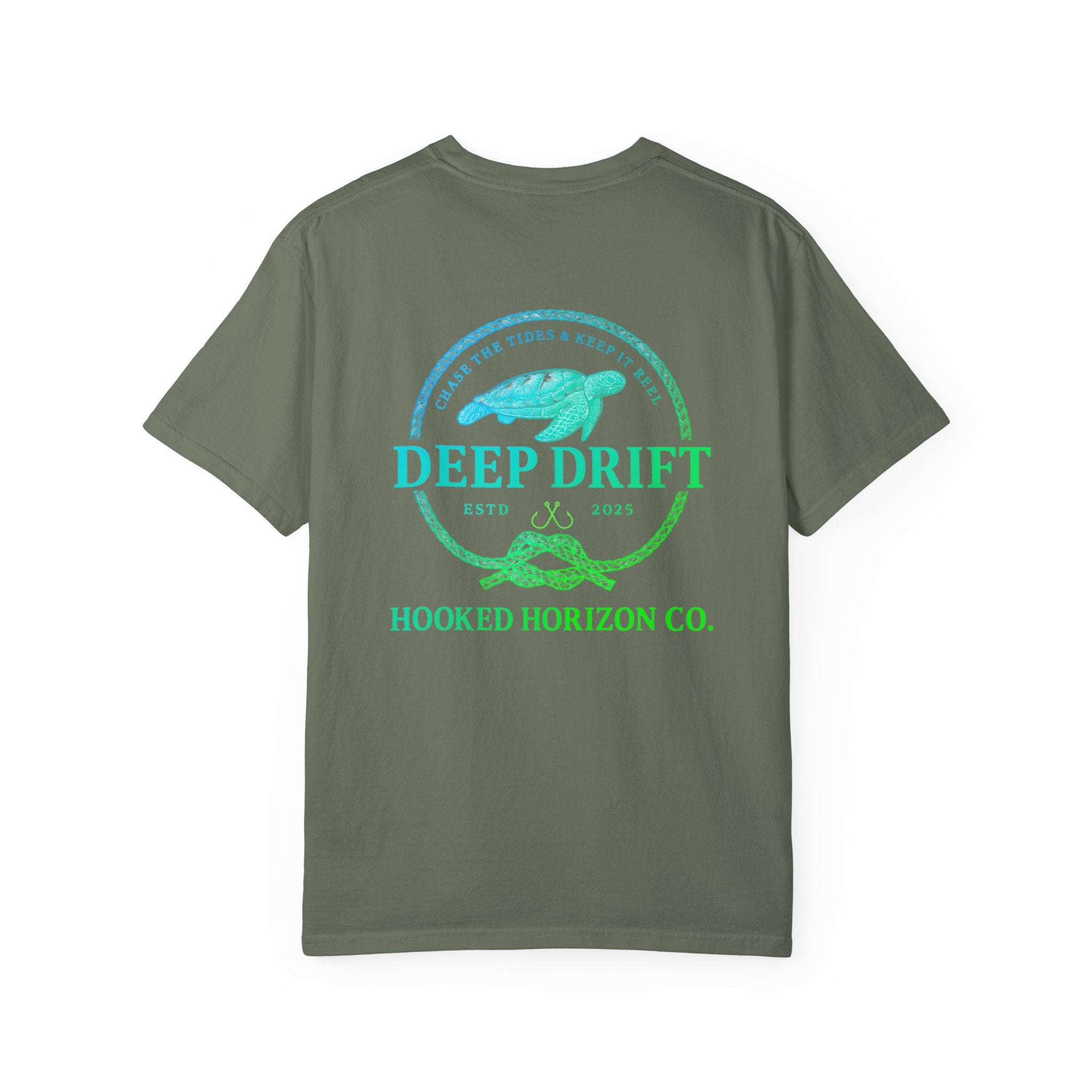 Deep Drift Fishing T-Shirt - Green & Blue Fishing Tee for Angler Lovers, Hammer Head Shark, Ocean Tee