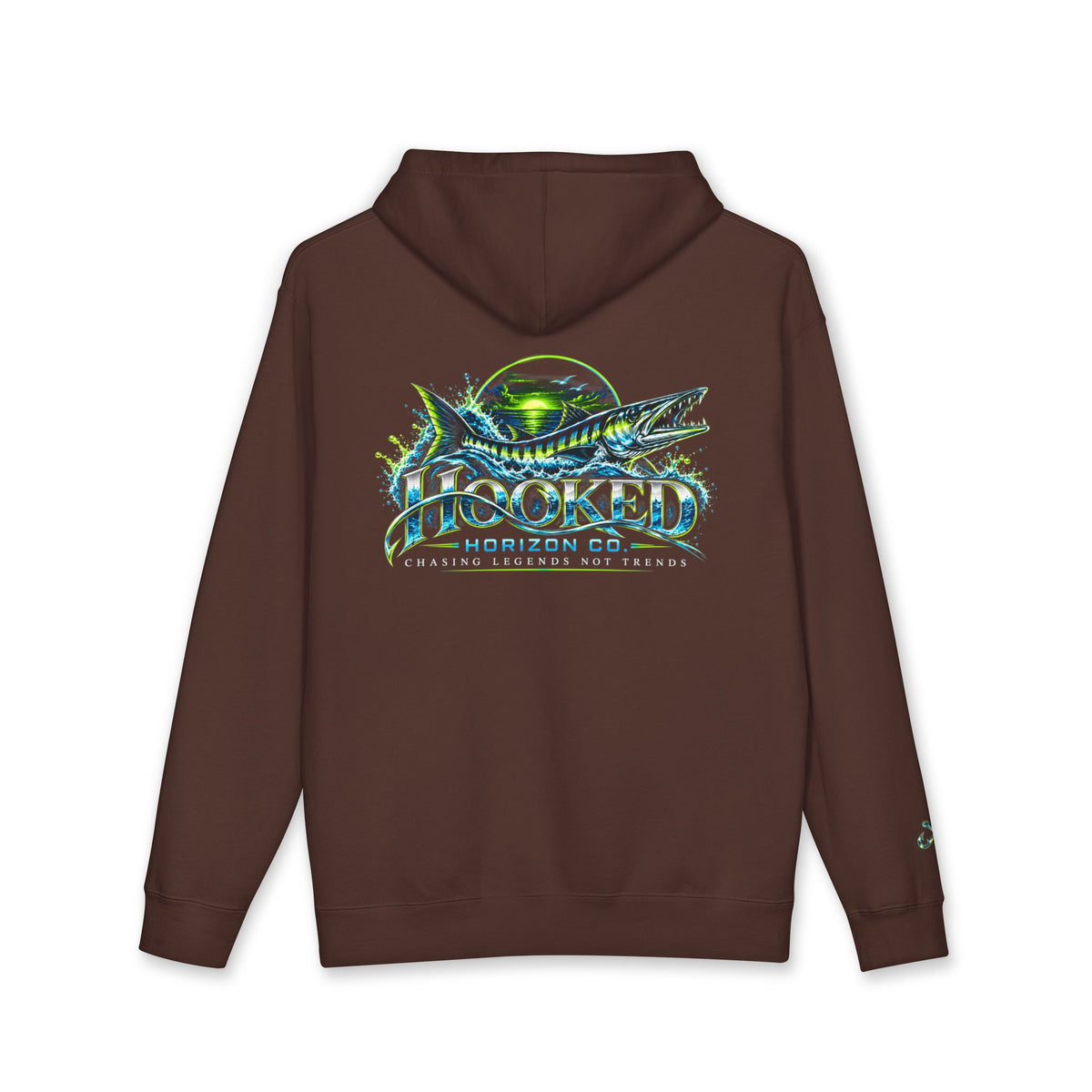 Barracuda Like Green Logo Hoodie—Hooked Horizon Co. — Fishing Back Graphic Hoodie, Multiple Color Variations