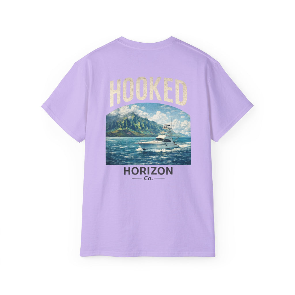 Fishing Charter T-Shirt — "Hooked" Boat & Horizon Graphic Tee, Multiple Color Variations