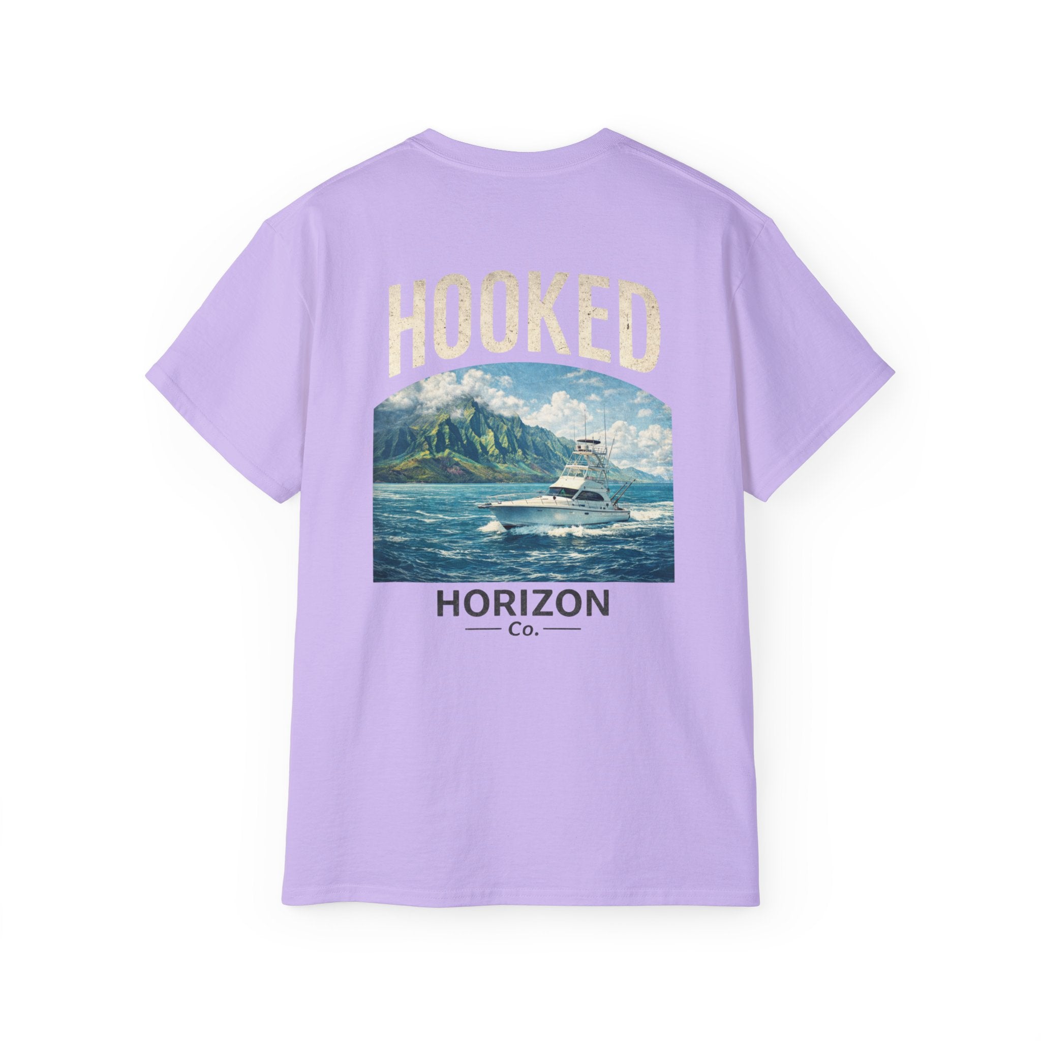 Fishing Charter T-Shirt — "Hooked" Boat & Horizon Graphic Tee, Multiple Color Variations