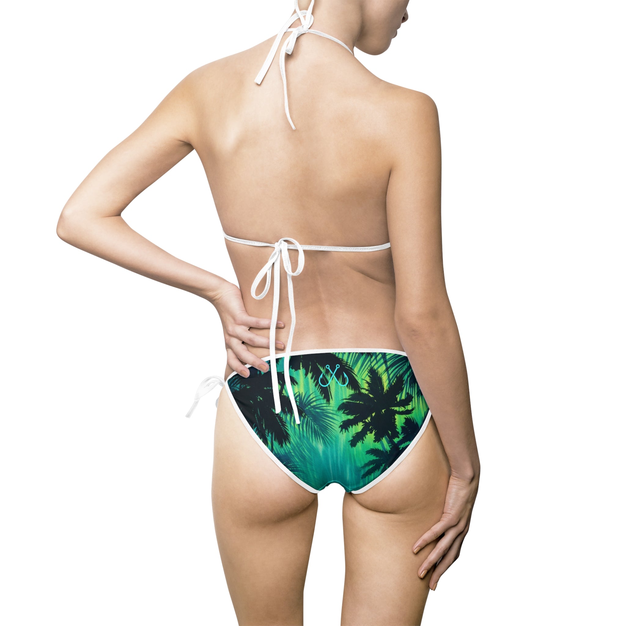 Tropical Green & Black Palm Print Bikini —  Hooked Horizon Co. Swimsuit, Summer Beachwear, Swimwear for Vacations, Pool Parties, Tropical Getaways, Custom Strap Colors – Multiple Variations