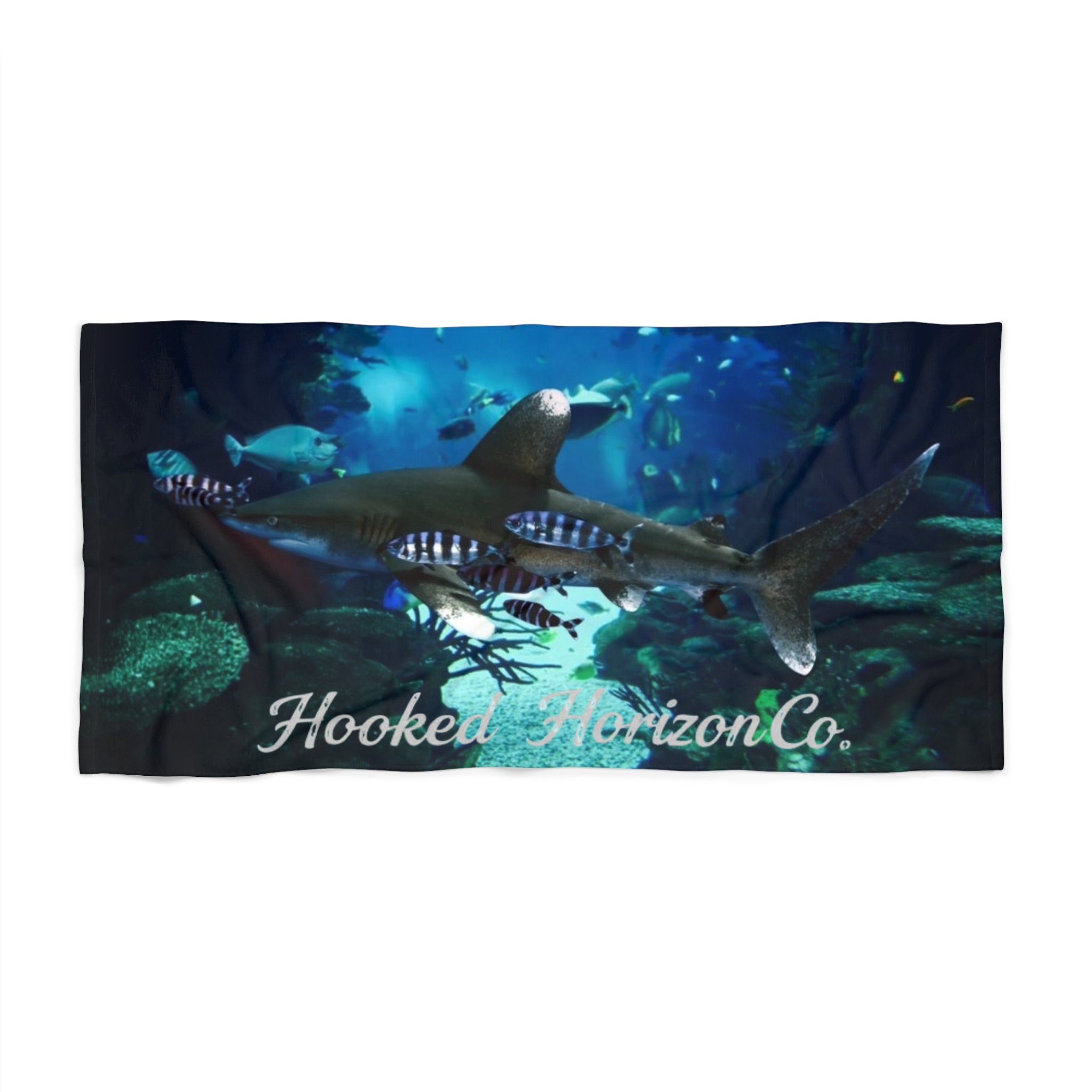 White Tip Shark Deep Drift– Hooked Horizon Co.  Beach Towel - Perfect for Summer, Pool Days, Camping, Beach Parties, Vacation Fun